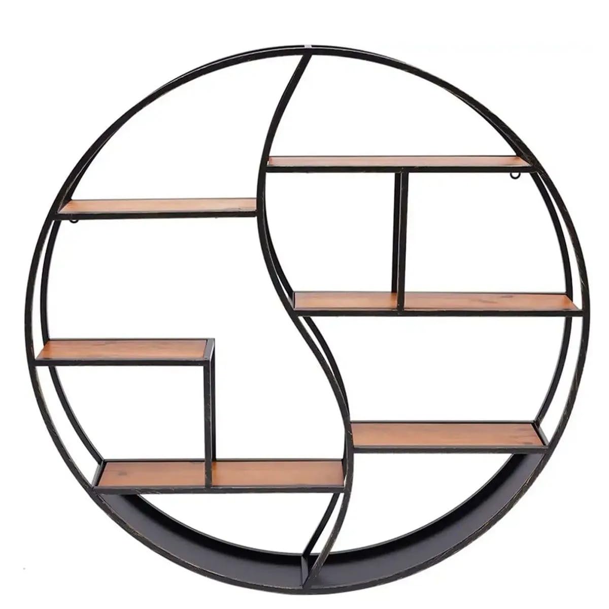 Divit Étagère murale ronde en bois avec cadre en métal - Étagère flottante avec 6 étagères - Diamètre : 68 cm - Noir