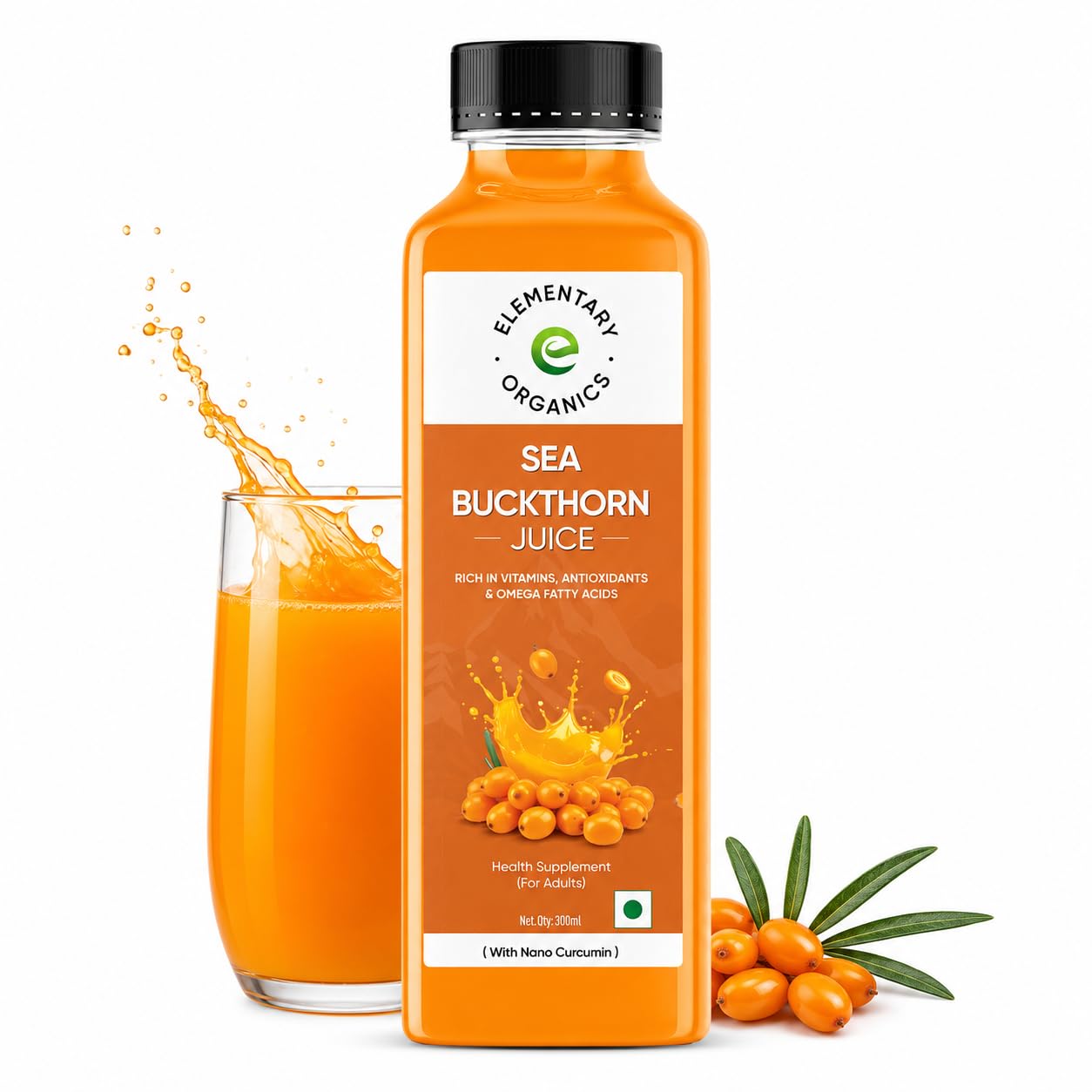 Elementary Organics Sea Buckthorn Juice 300ml | Rich in Omega 3, 6, 7 & 9, Natural Vitamin C & Antioxidants | Supports Immunity, Skin Glow, Gut & Heart Health | No Added Sugar | Health Supplement