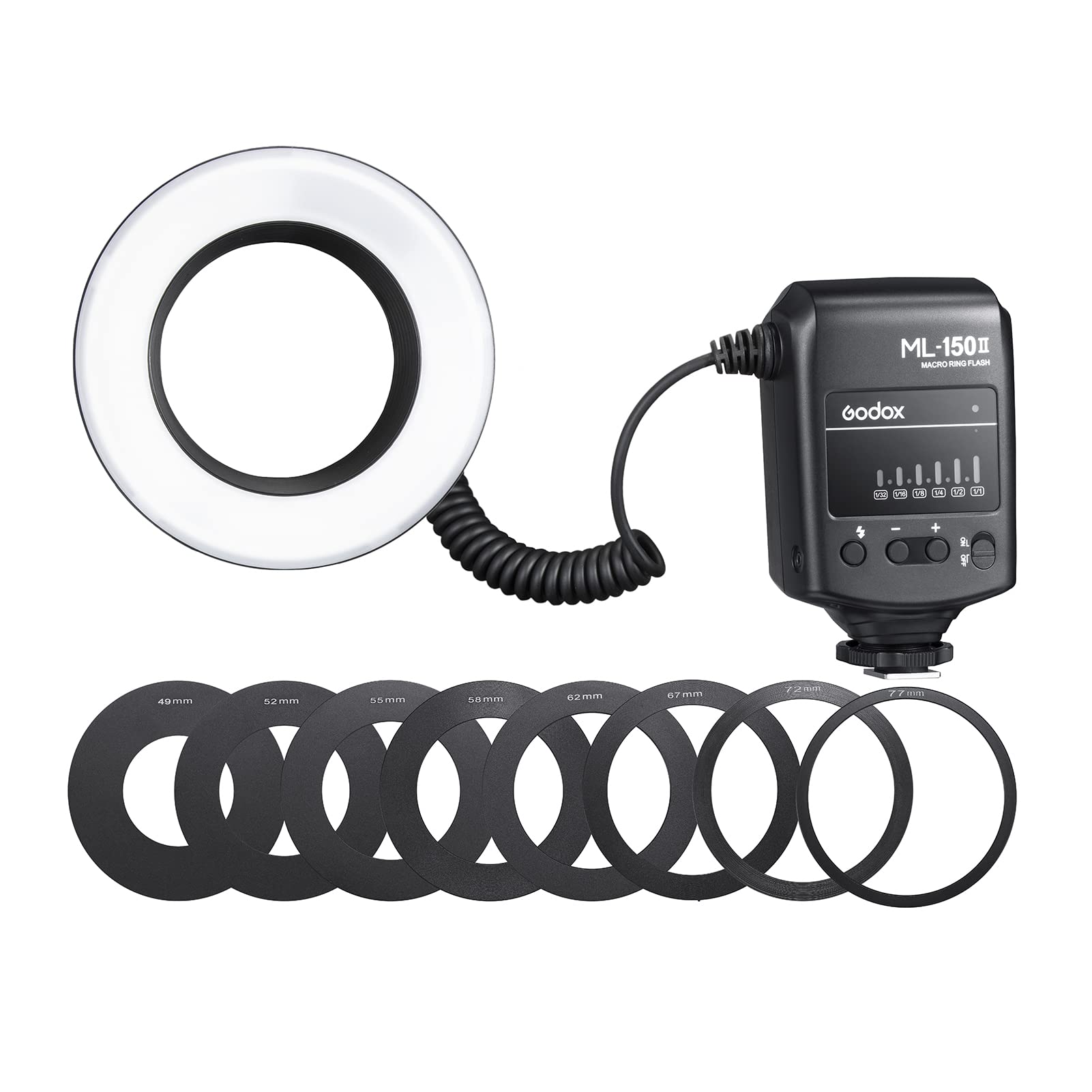 Godox ML-150II Universale Macro Ring Flash Light 11 Livelli Luminosità Regolabile GN12 Riciclo Veloce con 8pcs Anelli Adattatore di Ricambio per Canon Nikon Sony DSLR Camera