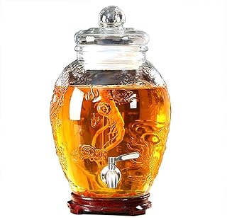 FMOGE Mason Jar szklany dozownik do napojów z metalowym czopem, szklana pokrywka, wyroby szklane do wody, soku, piwa, wina, alkoholu, kombucha lodowe dziurkowanie - najlepsze zimne napoje, szafki na wino