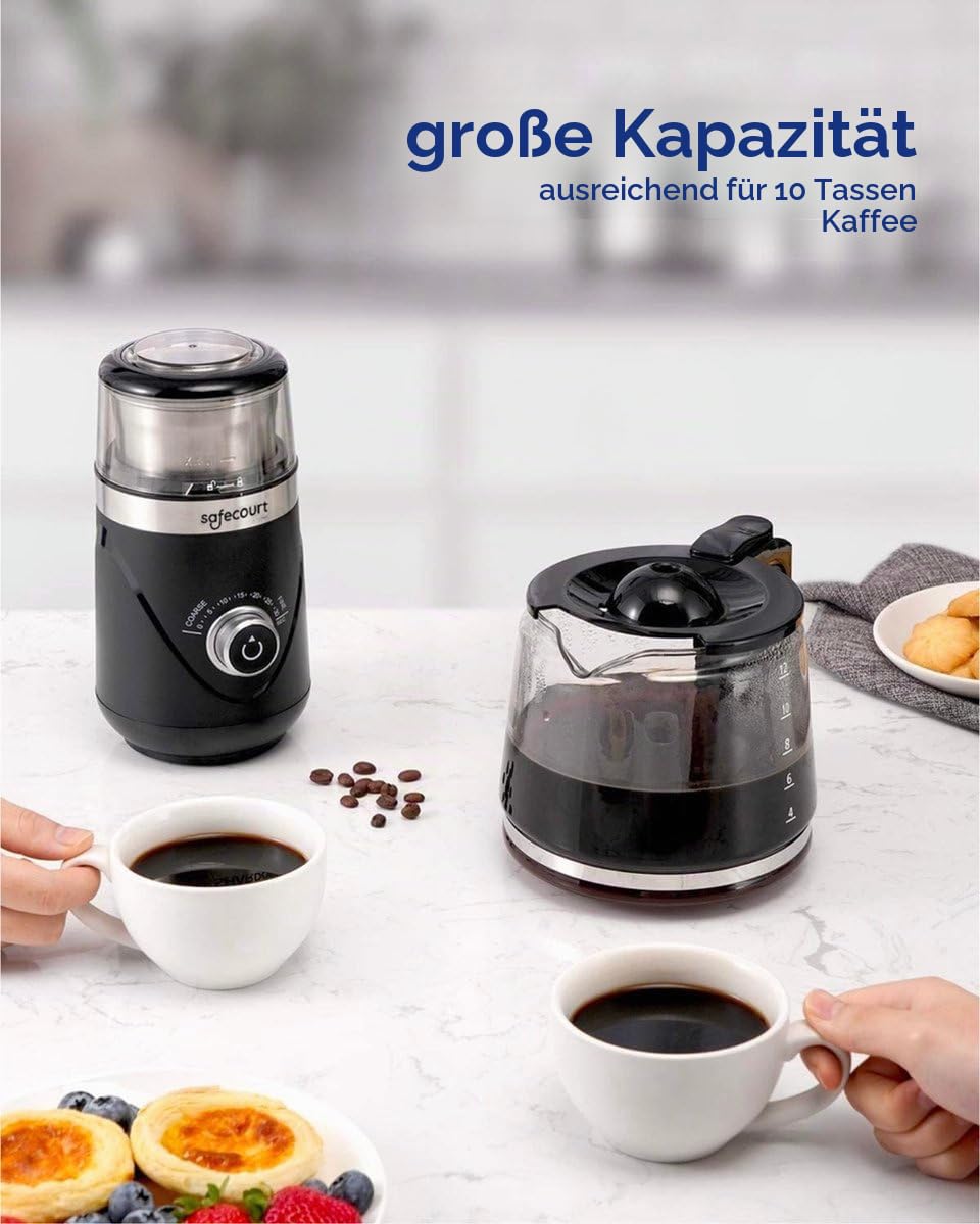 Safecourt Kaffeemühle Elektrisch, Automatisch getaktetes Präzisionsmahlwerk,Gewürzmühle mit Edelstahlklingen für Kaffeebohnen, trockene Zutaten, leises Mahlen, 80g abnehmbar