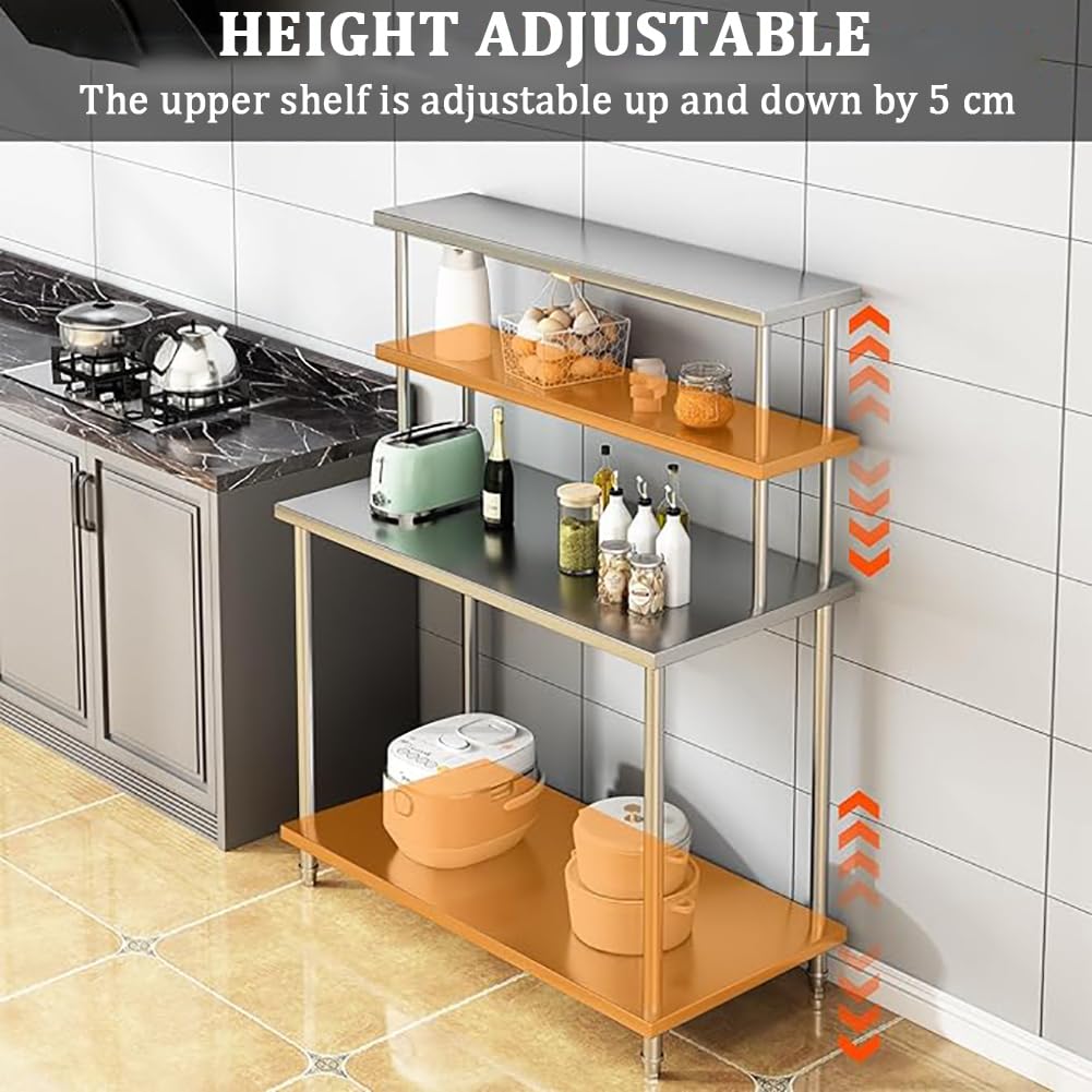 Piano di Lavoro per Cucina in Acciaio Inox A Doppio Strato, Tavolo Regolabile per La Preparazione del Cibo, Tavolo di Preparazione per Isola da Cucina in Metallo,L100×w70×h150cm