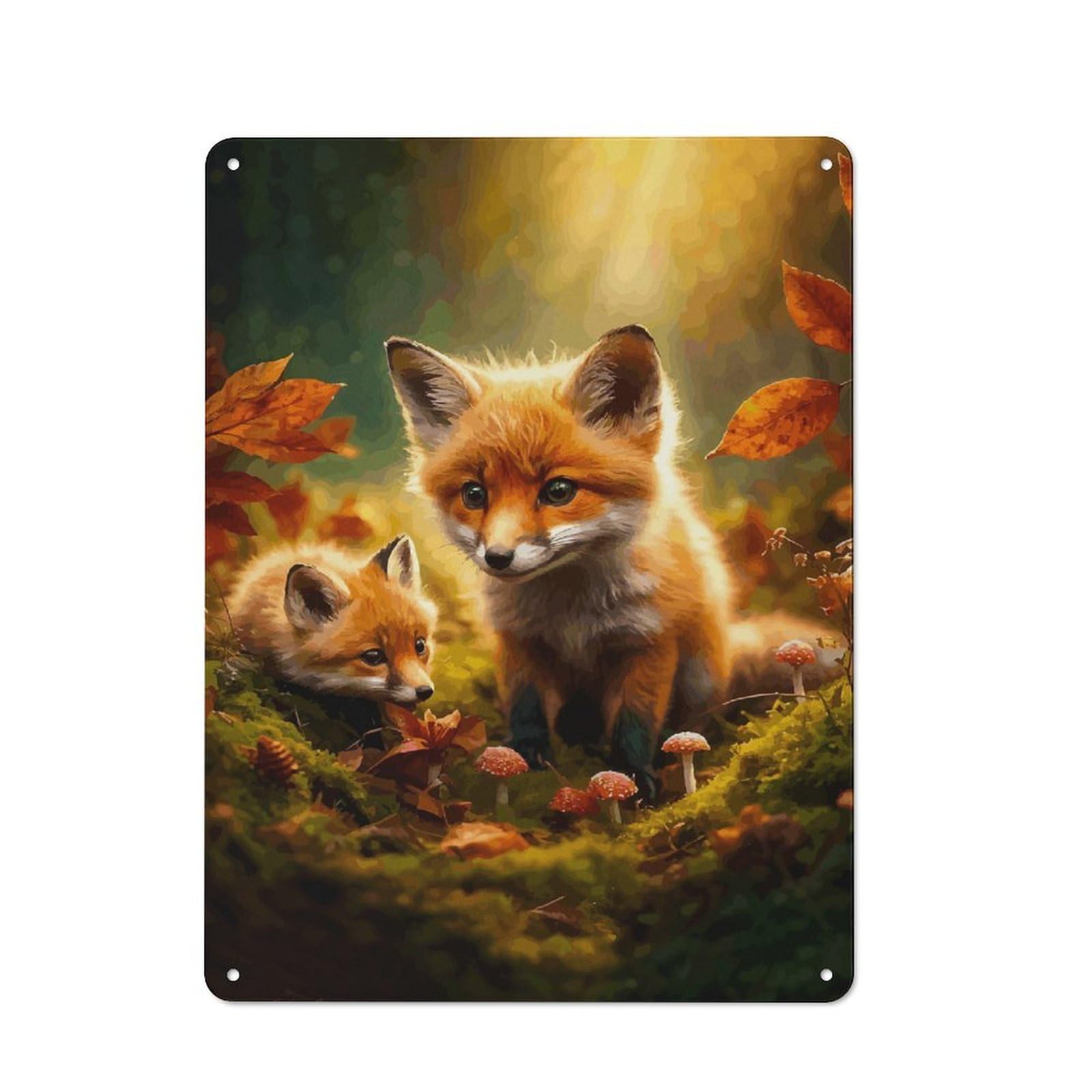 Junmoney Style-9 Fox Kits In Autumn Forest Shed Style Metal Wall Decor 40X30cm, Tin Sign For Conservatory, Home Bar Or Utility Room