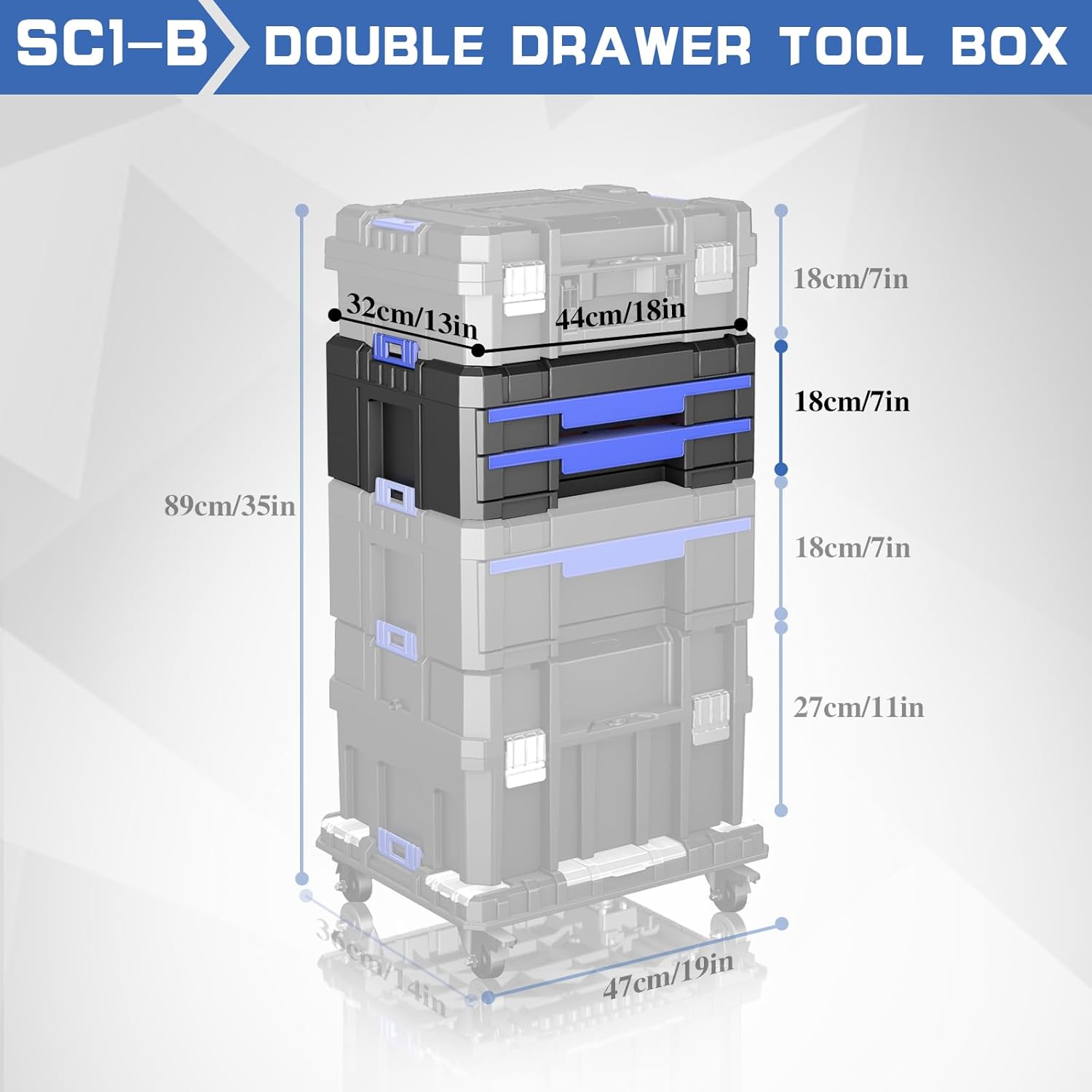 18 Inch Tool Box with Double Drawers | AIRAJ Stackable Modular Tool Organizer Box Storage System | Garage Storage | Home Repair | Professional Use | (SC1-B)