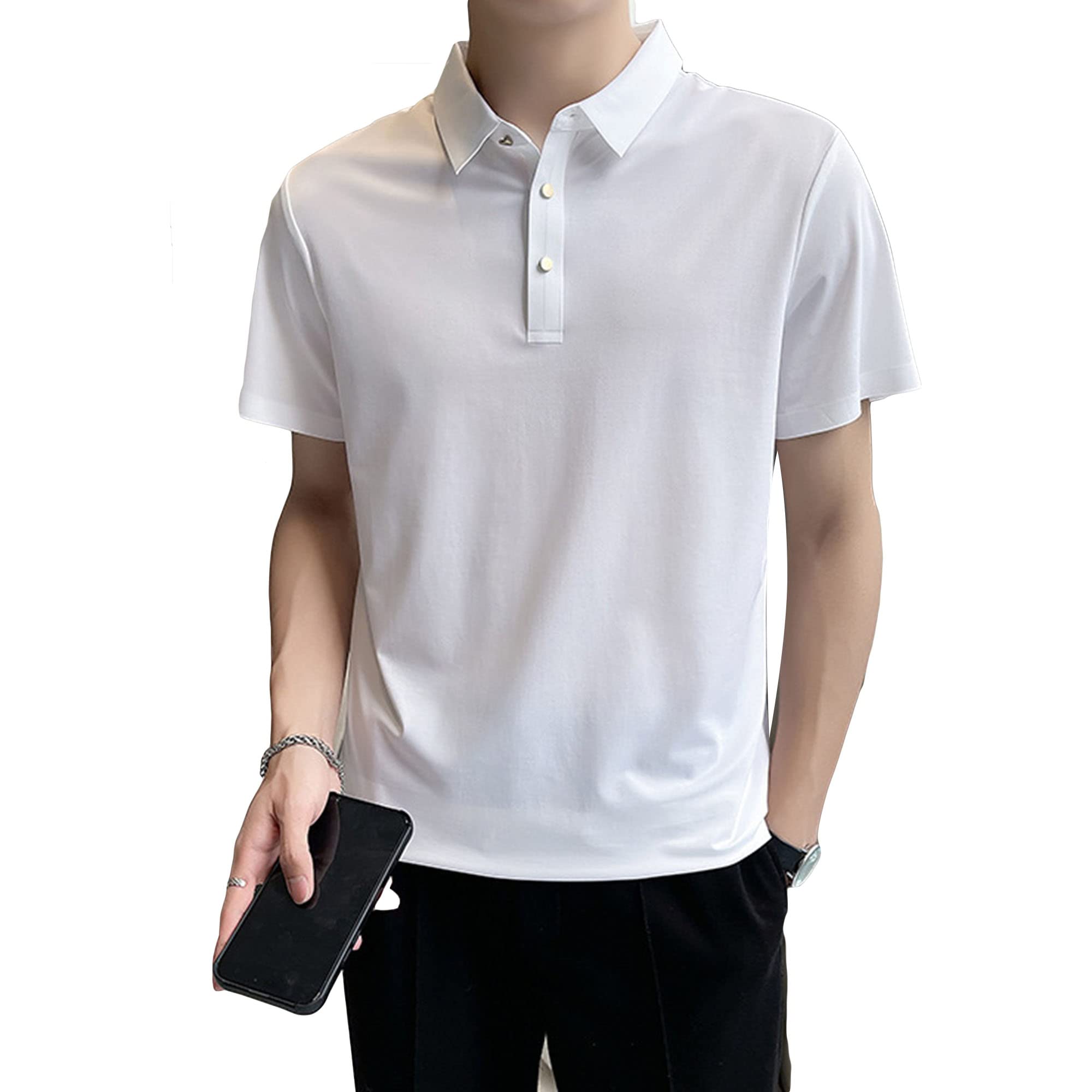 Men's Lapel Button Ice Silk Shirt Lapel Short Sleeve Golf Tee Shirts Casual Solid Color Blouses for Men (White,Medium)