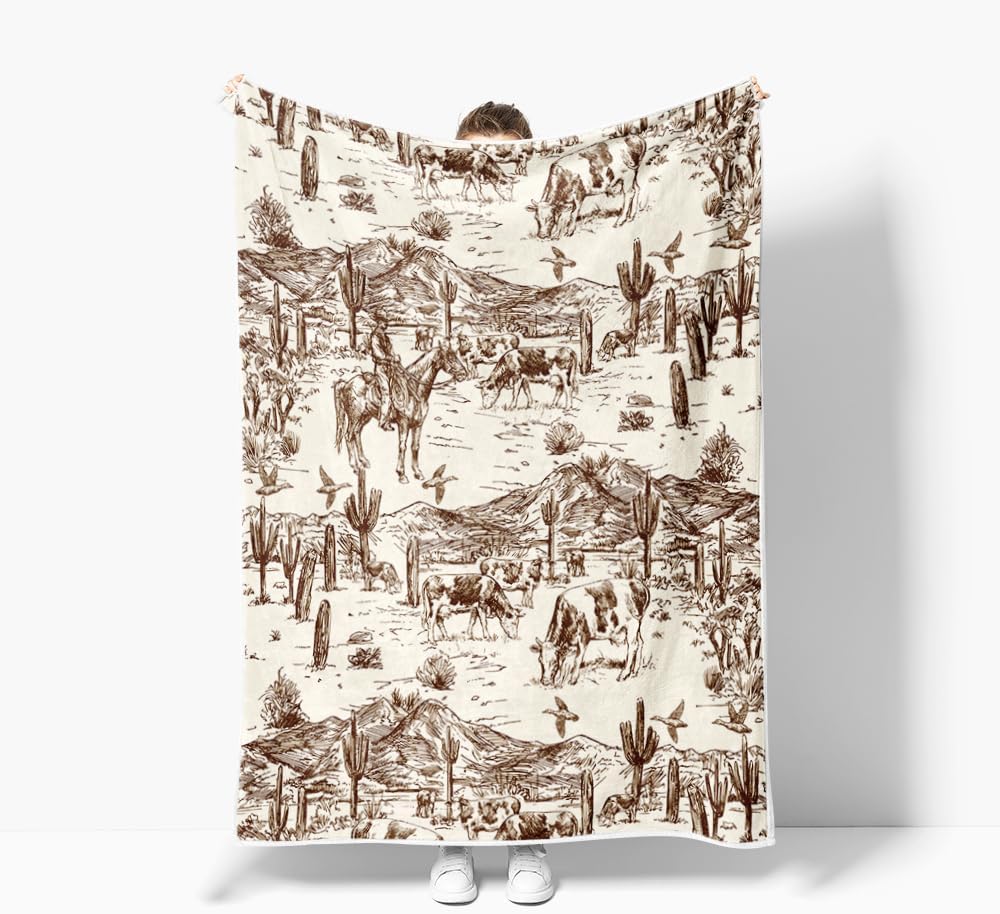 Vintage West Cowboy Throw Blanket, Cowboy Milk Cow Print with Flying Geese Blanket for Camping Outdoor, Weatern Artistic Soft Flannel Throw Blanket for Chair Bed Sofa Couch Offices Home Decor