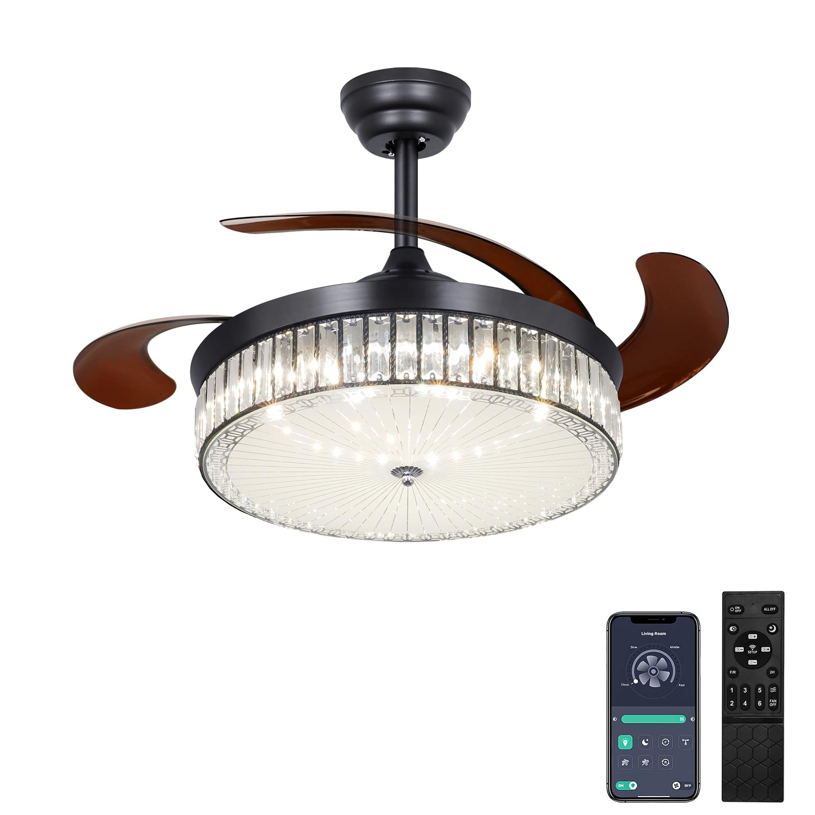 Ohniyou 42 Inch Retractable Ceiling Fan with Lights Remote, Crystal Chandelier Ceiling Fan, Dimmable Fandelier Ceiling Fan for Bedroom Living Room Indoor (Black)