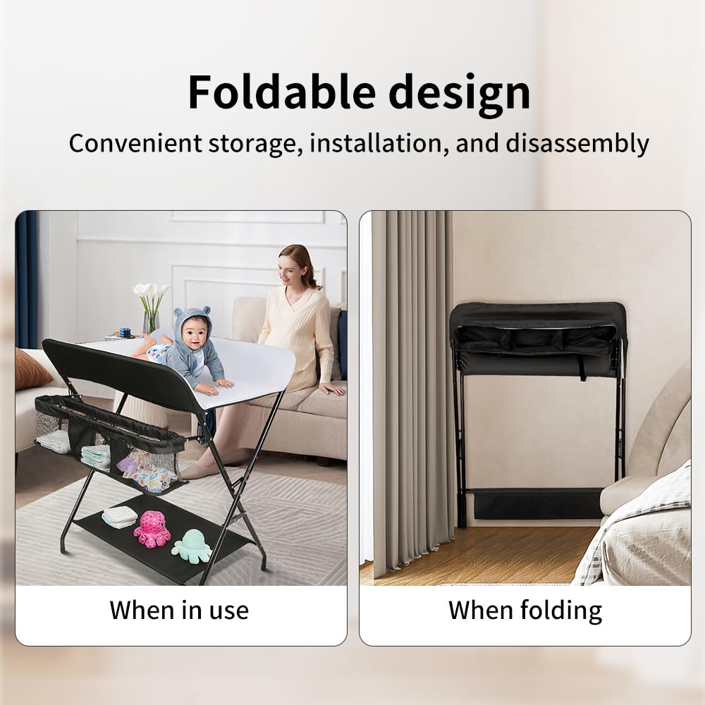 Table à Langer Pliante avec Panier de Rangement,Charge Max 25KG pour Nouveaux-Nés Design Ergonomique,Table à Langer Pliable et Portable,Ceinture de sécurité,Réglable en hauteur