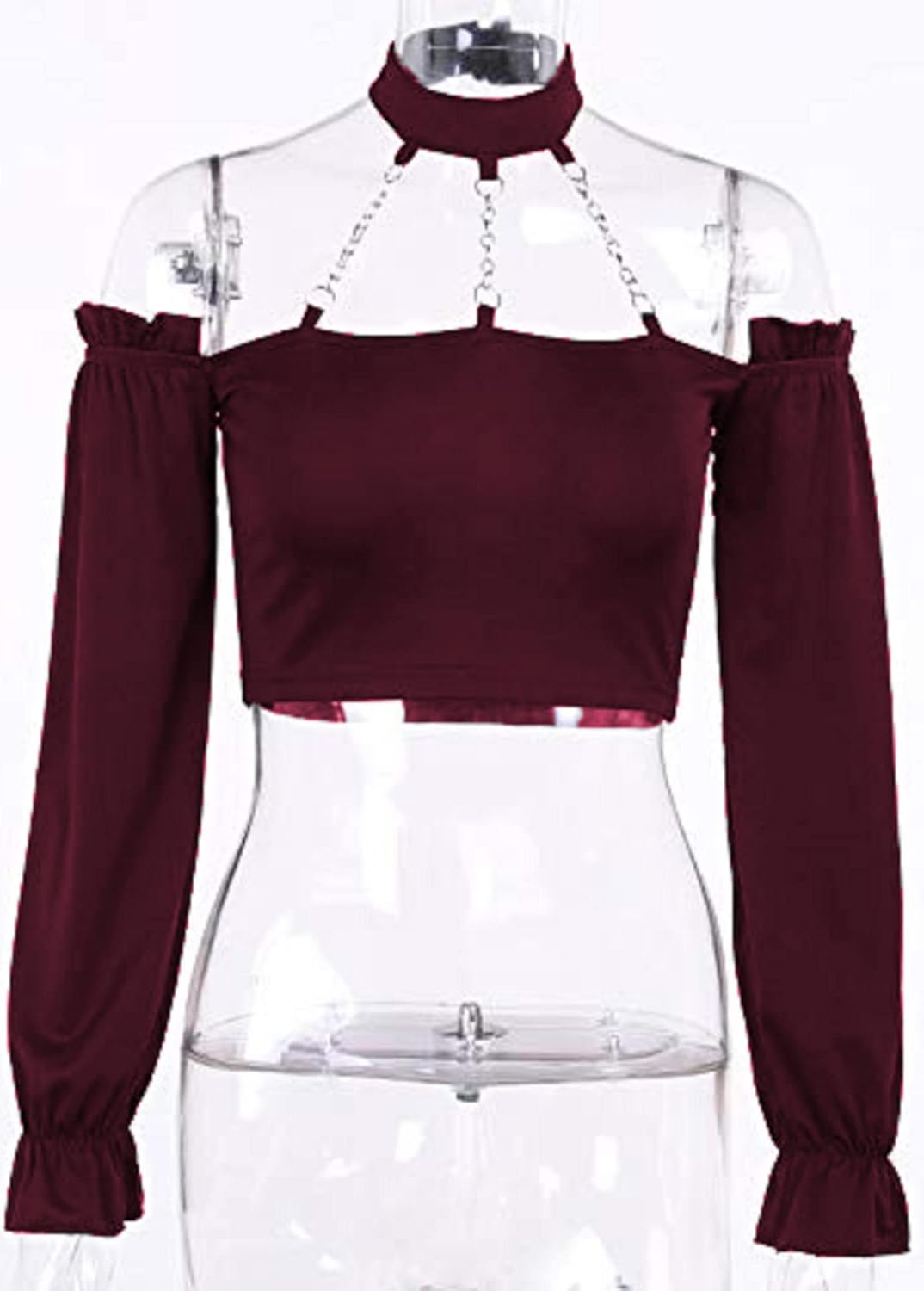 Dark Punk Crop Top with Chains Women Punk Off Shoulder Hollow Out Solid Backless Long Sleeve Tops - Image 3
