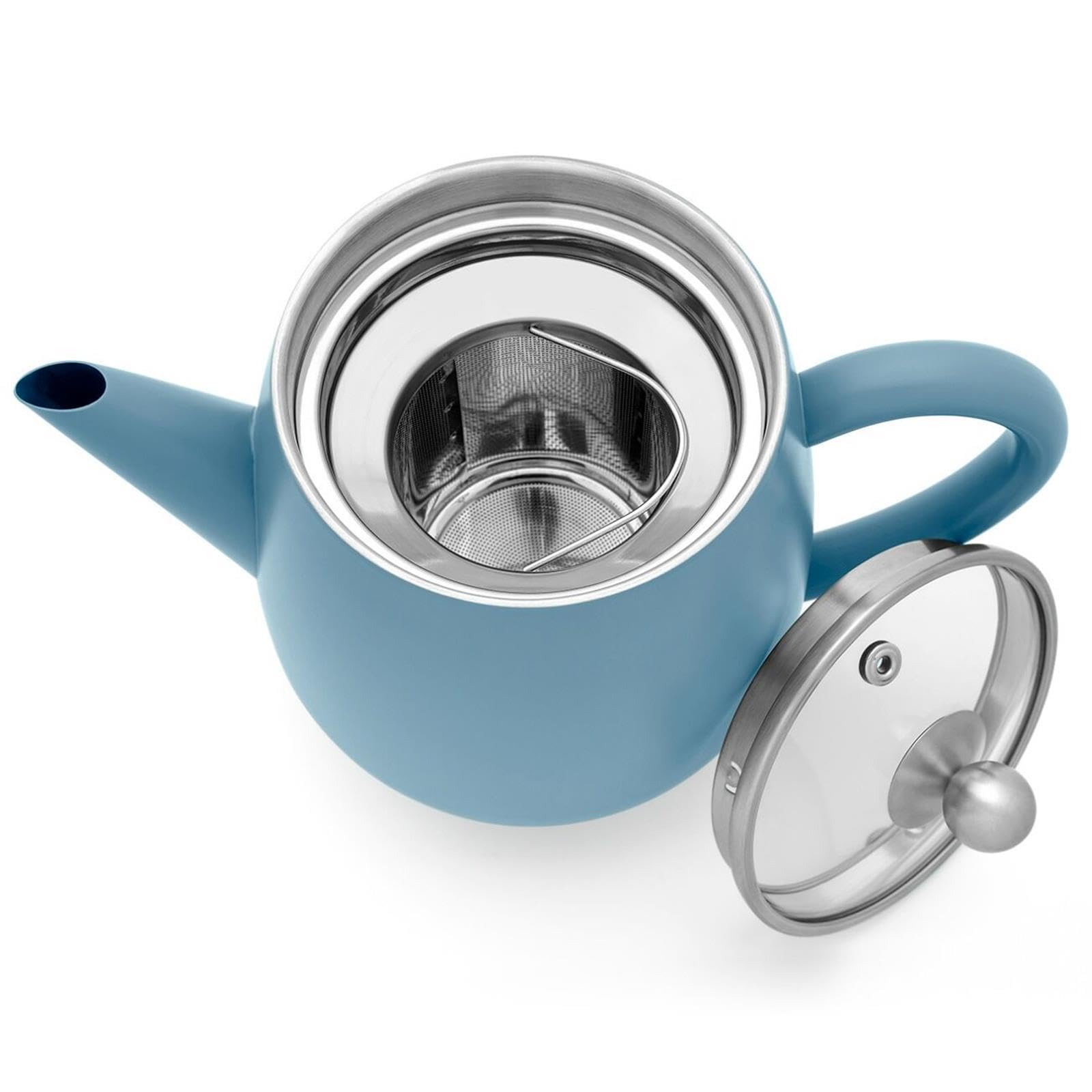 Bredemeijer Teekanne 1.1 Liter blau - doppelwandige Edelstahlkanne Set mit Glasdeckel & 2 isolierende Teegläser je 290 ml