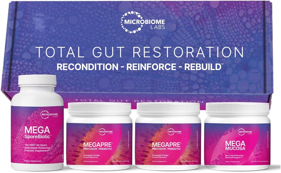Total Gut Restoration Kit (Powder) - 3-Product Gut Health Spore Based Probiotic, Prebiotic Powder & Mucosal Immunoglobulin + Amino Acids Supplement for Immune, GI & Digestive Health