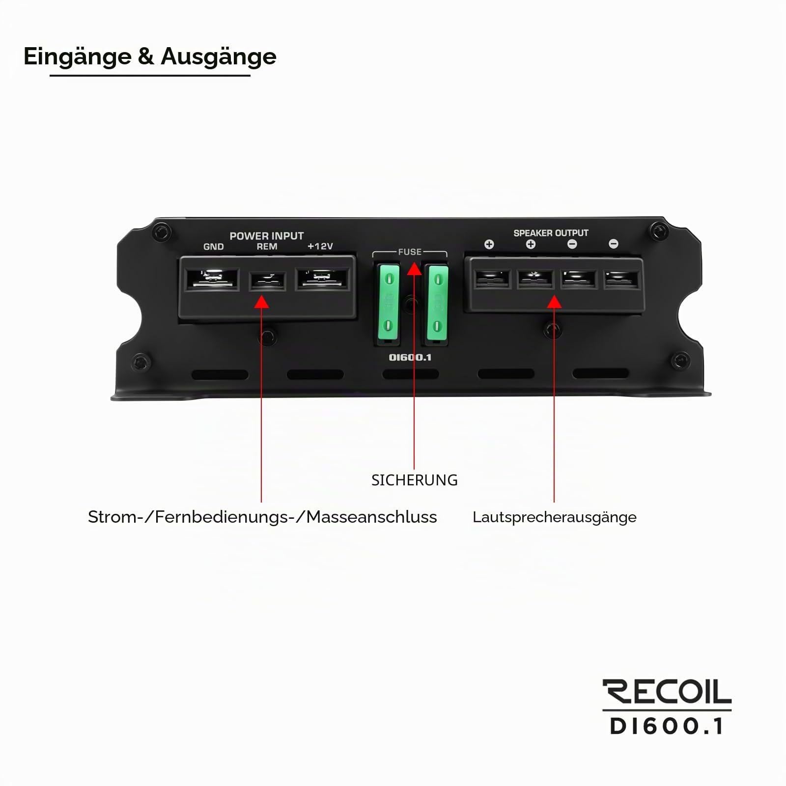 Recoil DI600.1 Monoblock Endstufe 1200W Max – Klasse D Subwoofer Verstärker, 600W RMS @ 1 Ohm, 2/4 Ohm stabil, MOSFET Netzteil, inkl. Bass-Fernbedienung