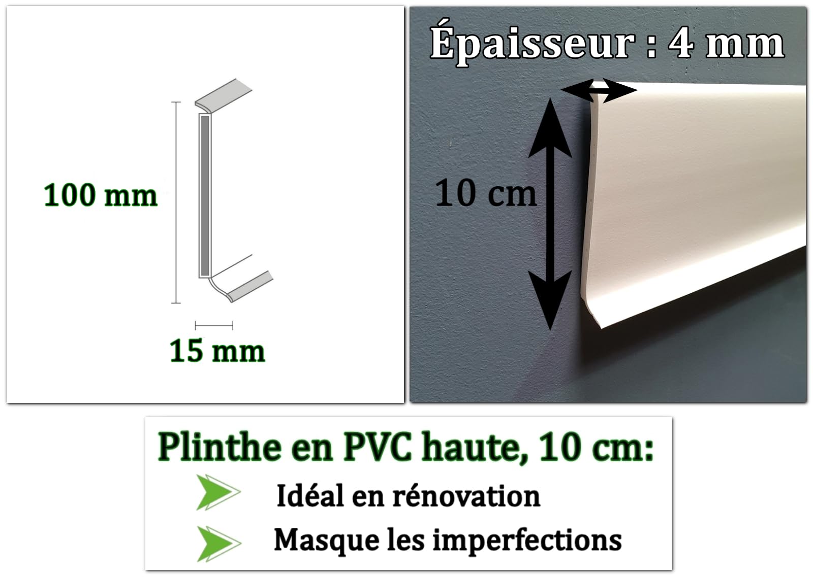 MadeInNature Battiscopa in PVC bianco robusto altezza 8 cm o 10 cm, battiscopa in plastica di lunghezza 2 metri, battiscopa in vinile spesso (bianco, altezza 100 mm x lunghezza 10 metri)