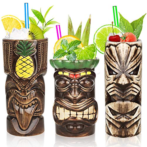 Tiki Mugs Set 3pcs Ceramic Mug Tropical Tiki Mug Hawaiian Cocktail Drink Mug 3pcs Set