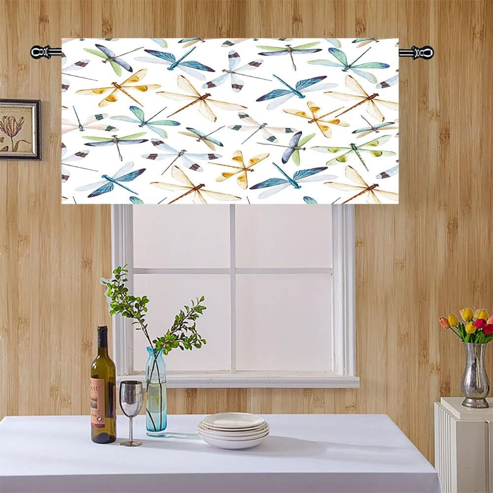 Valances for Kitchen, Dragonfly Waterproof Window Valance, Moth Butterfly Like Bugs in Watercolor Print, 50" W x 18" L, Bedroom Bathroom Living Room Dining Room, Multicolor