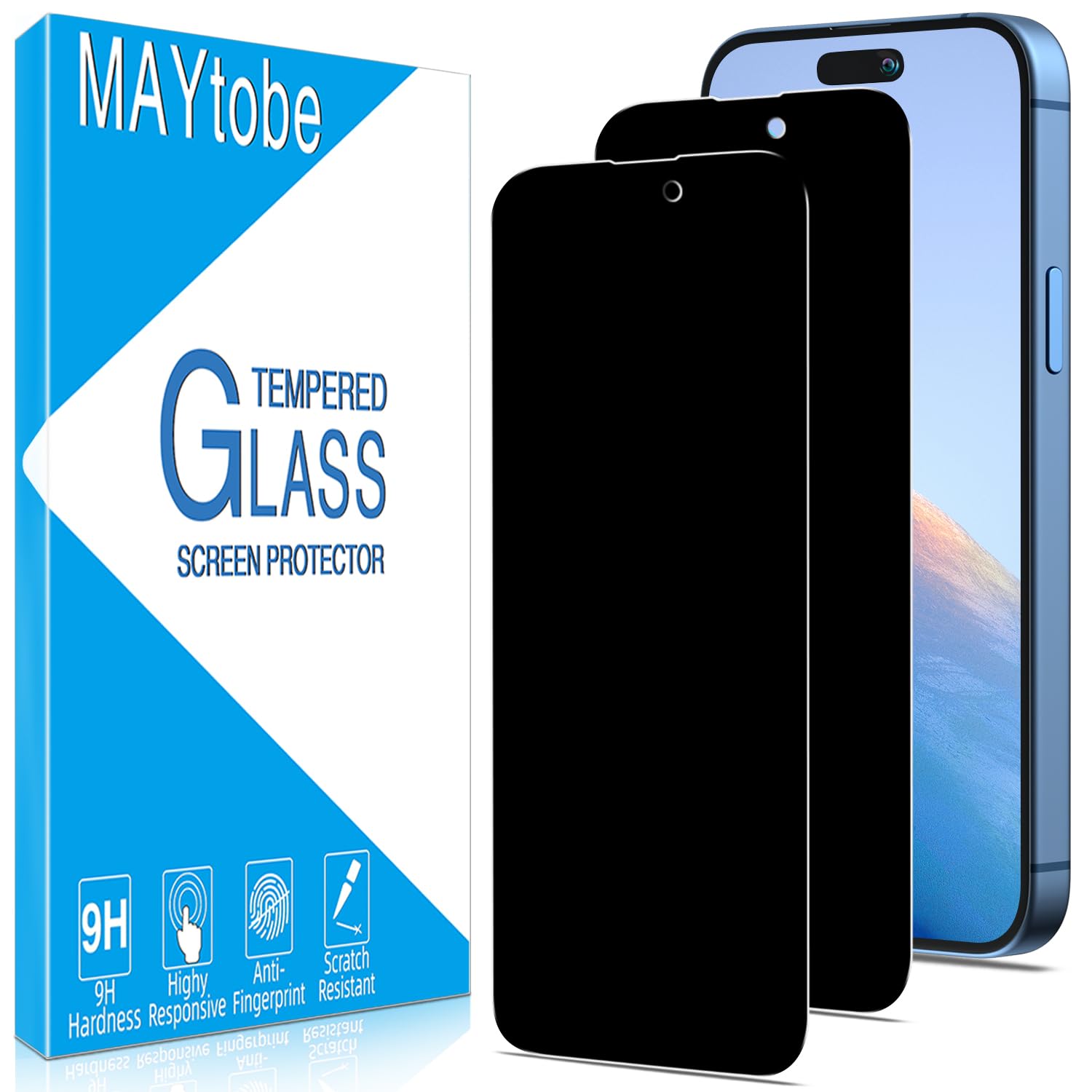 MAYtobe2 Pack Privacy Screen Protector for iPhone 15 Pro Max, 15 Plus, Anti Spy Tempered Glass, Case Friendly, Anti-Scratch, Ultra Resistant, Touch Sensitive, Bubble Free