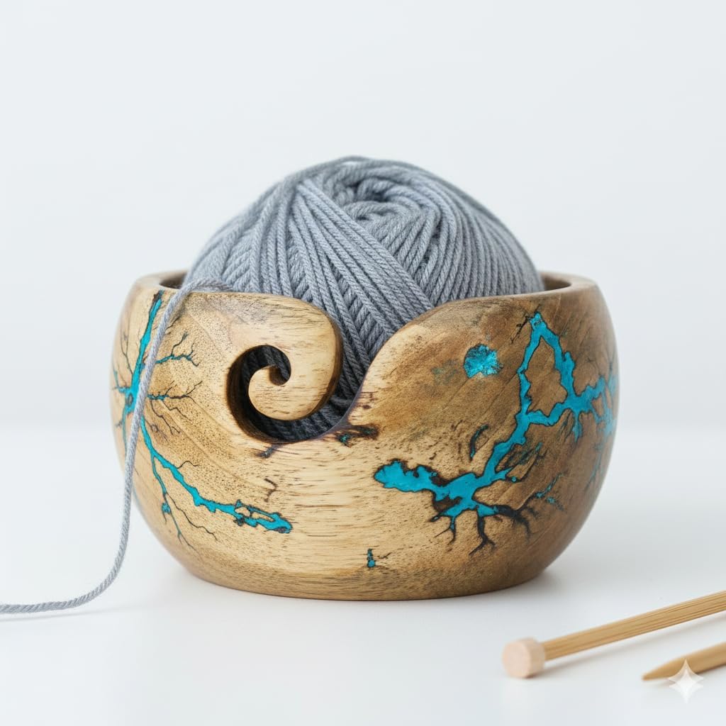 Lichtenberg Figure Yarn Bowl - Handmade Wooden Yarn Bowl for Knitting Yarn Ball Holder - Yarn Bowls with Holes Crochet Bowl Holder - Yarn Storage Bowl 7" x 4" inches (SB-Yarn Bowl)