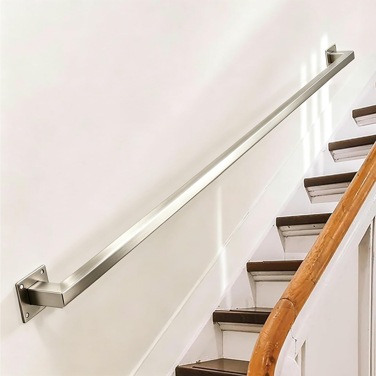 Indoor Outdoor Grab Rail Wall Mount Stairs Handrails - 1m/2.8m/3m/3.5m/4m/4.2m Sturdy Brushed Stainless Steel Square Railing for Corridor Lofts Deck Support Rod - Silver(17ft/5.1m)