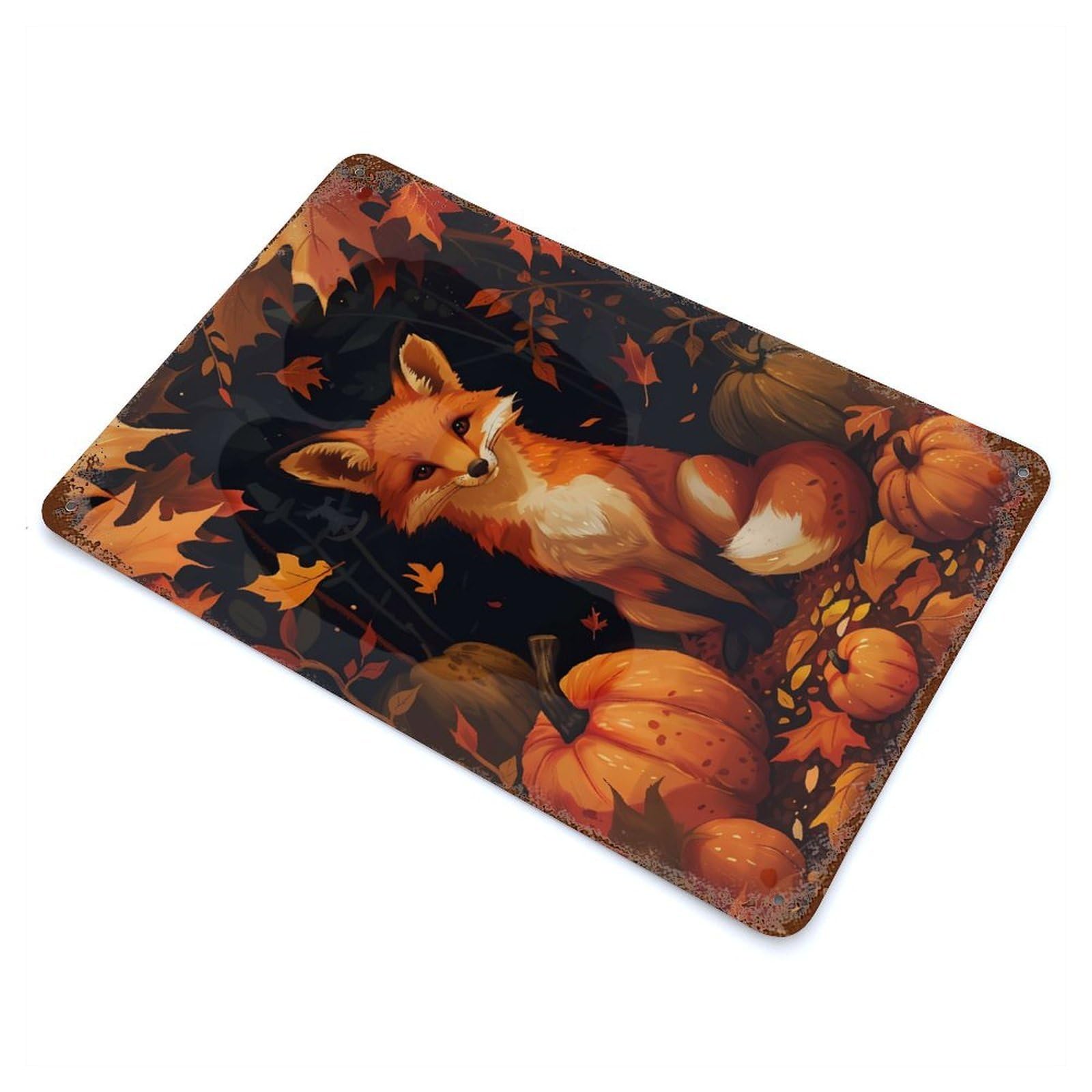 Autumn Fox Pumpkins 11.8"x7.9" Aged Metal Wall Plaque, Retro Wall Decor for Farmhouse, Kitchen And Entryway Decor