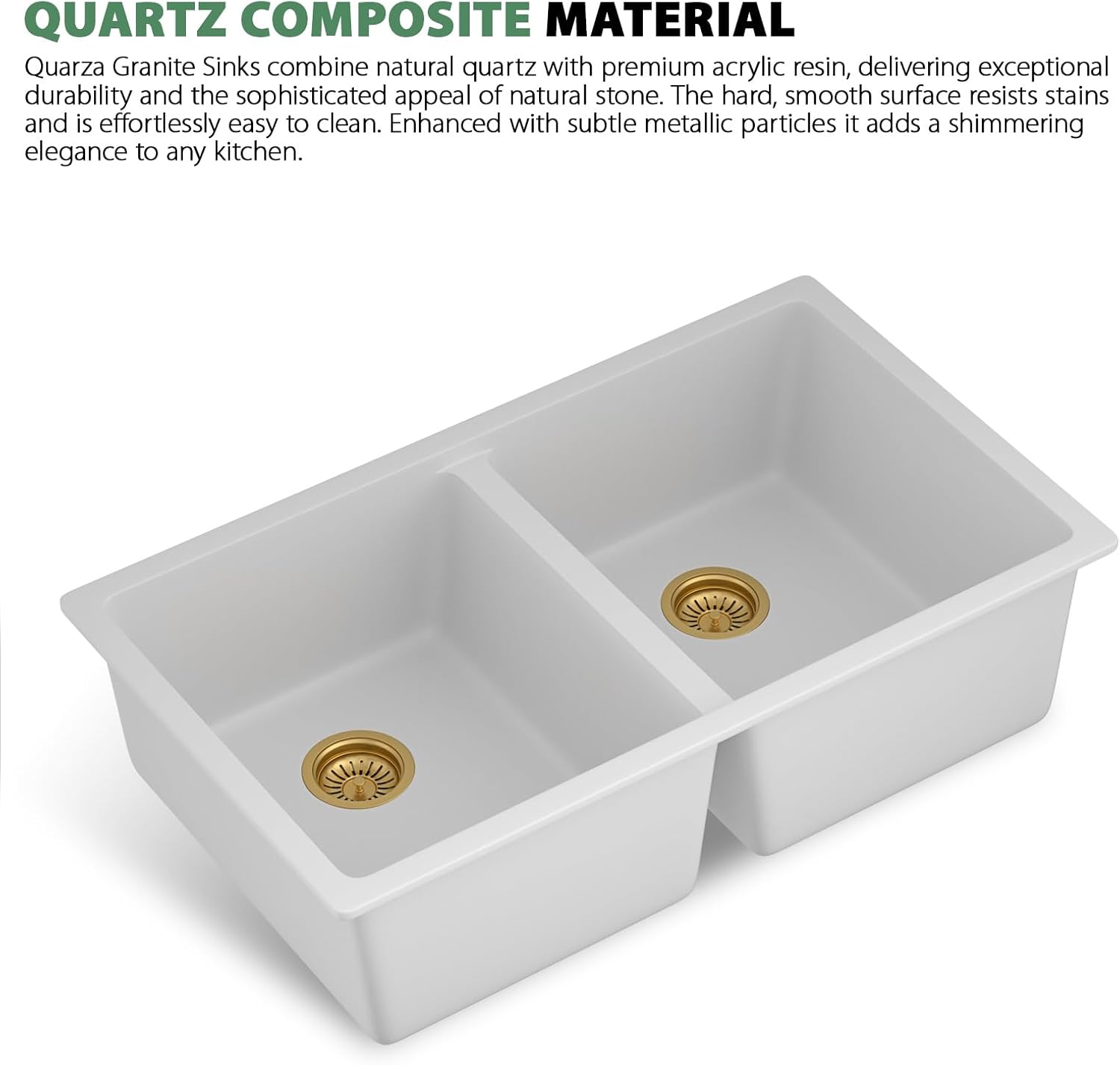 33 Granite Composite Kitchen Sink - Couoko 33x19 Inch White Undermount Granite Kitchen Sink White Quartz Sink Under Counter 50/50 Double Bowl Sink Basin