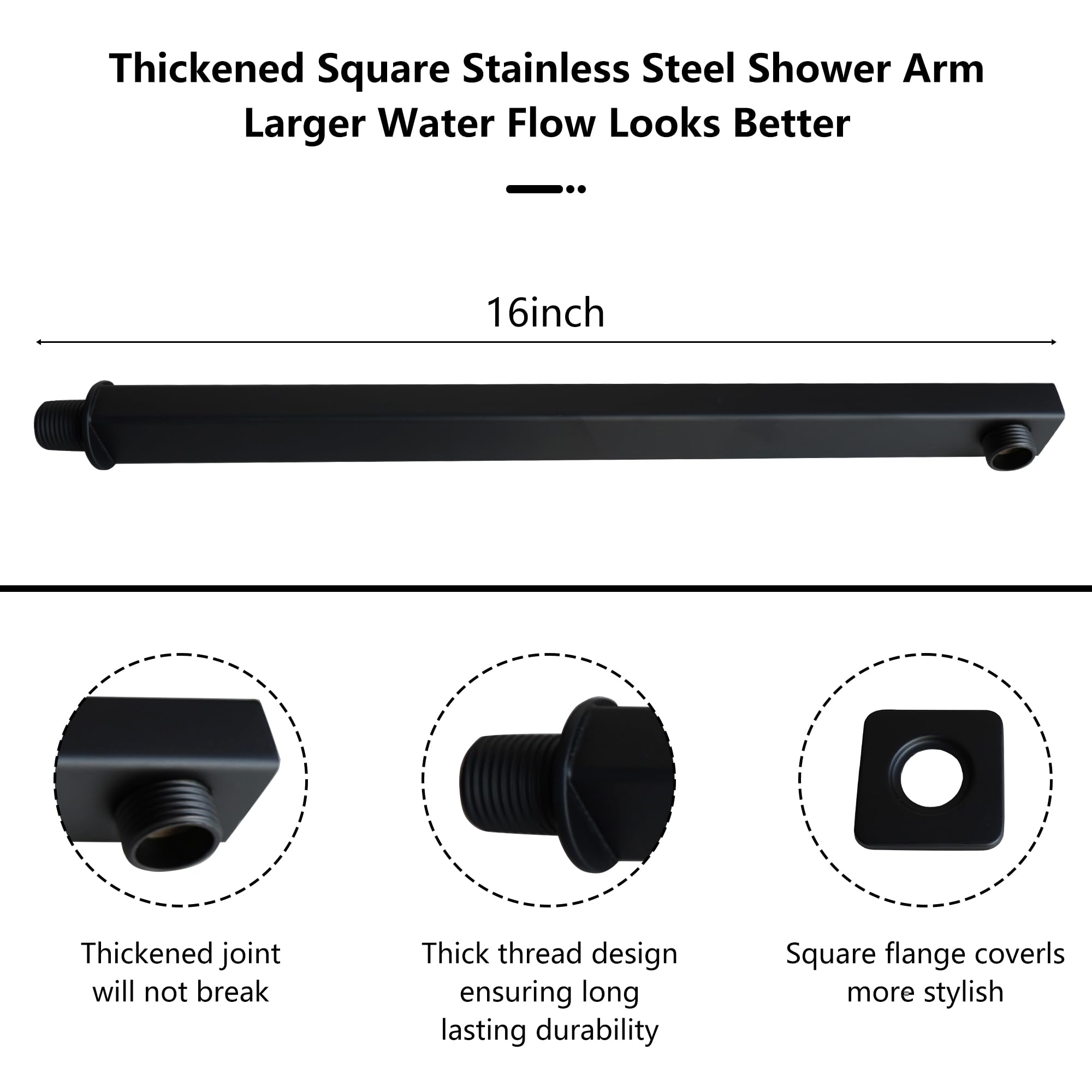 Soffione doccia a pioggia nero con braccio di estensione, soffione quadrato da 25,4 cm con braccio doccia da 40,6 cm, grande soffione in acciaio inossidabile a cascata nero opaco copertura