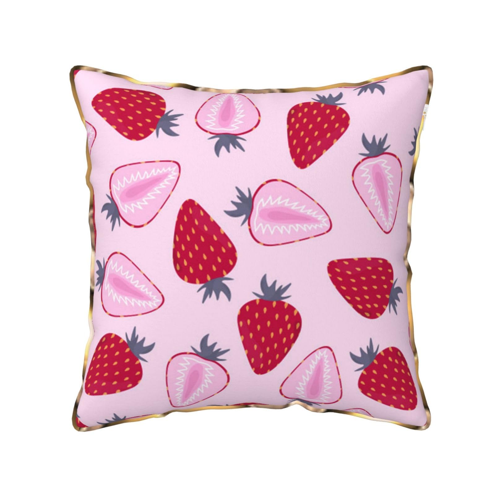 AUBKFELD Strawberry pattern Printed Velvet Cushion Cover 50x50 CM with Gold Edging Strip, Square Pillowcase Soft Throw Pillow Covers Case Decorative for Living Room Sofa Couch Bed Bench