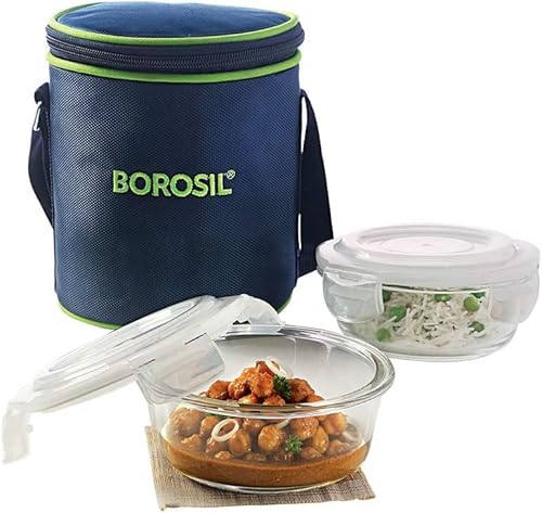 Borosil Adult Lunch Box - 2 Pcs Set 13 Oz - Glass Salad Lunch Containers with Soft Insulated Lunch Bag, 100% Leakproof Locking Lids, BPA Free, Microwavable & Dishwasher Safe Lunch Box For Men & Women