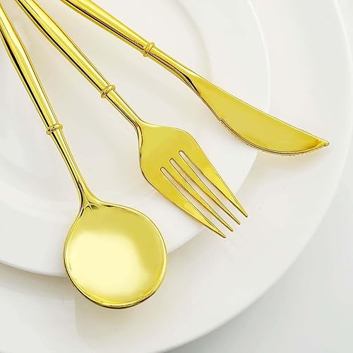 Miniatura 2 de Efavormart - Juego de cubiertos de plástico resistente de 8 pulgadas, cubiertos de plástico con mango dorado