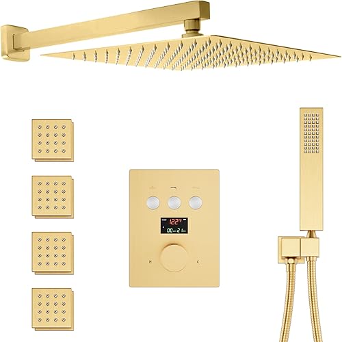WHSHOWER Juego de grifo de ducha dorado cepillado de 12 pulgadas, sistema de ducha montado en la pared con 4 chorros corporales, accesorios de ducha