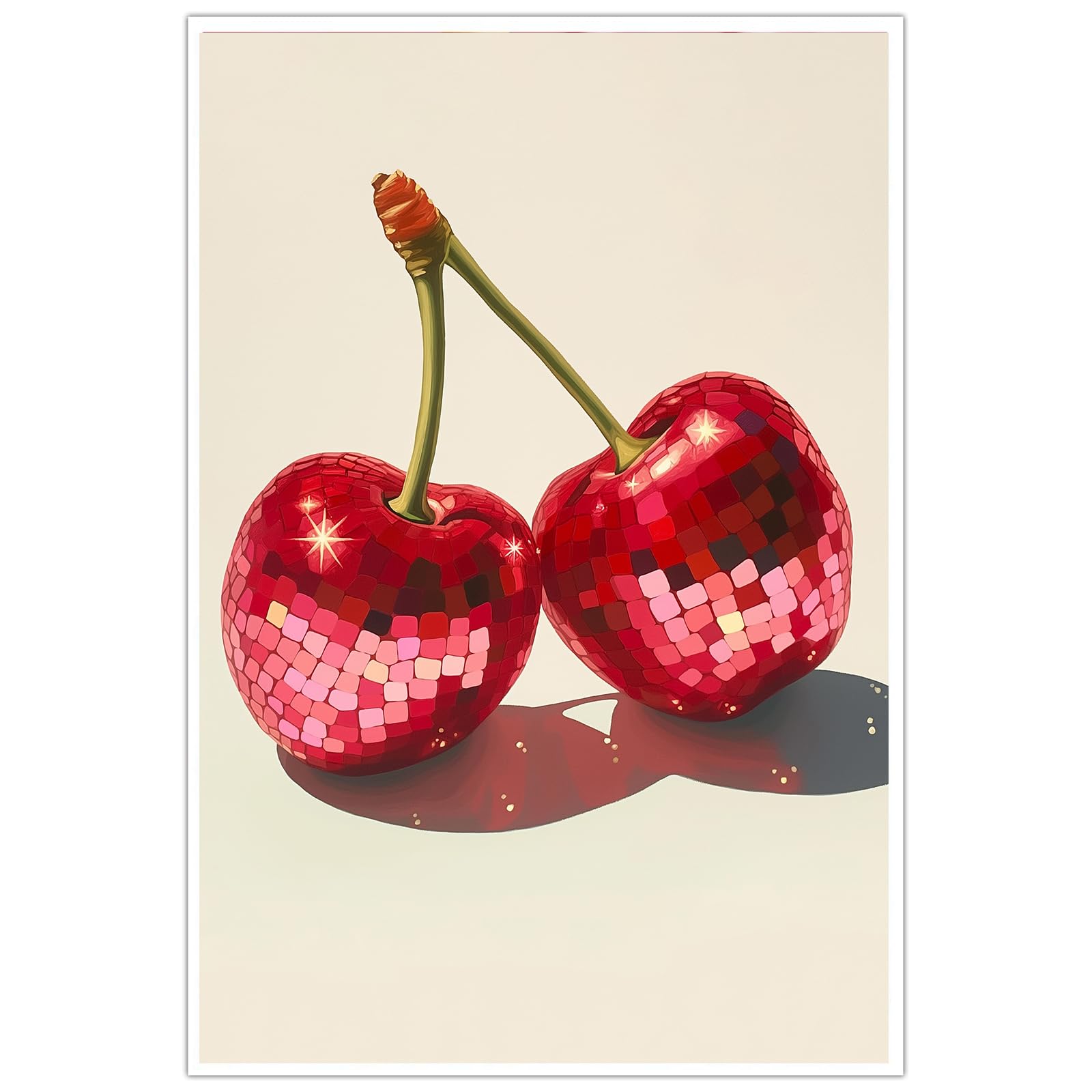 Rote Discokugel-Wandkunst, Retro-Modedrucke, Vintage, adrette Disco-Poster, Disco-Kirsche, Wandkunst, niedlich, trendig, ästhetisch, flippig, Disco-Kirschen, Drucke, Obst, adrettes Bild für Wand, 40,6