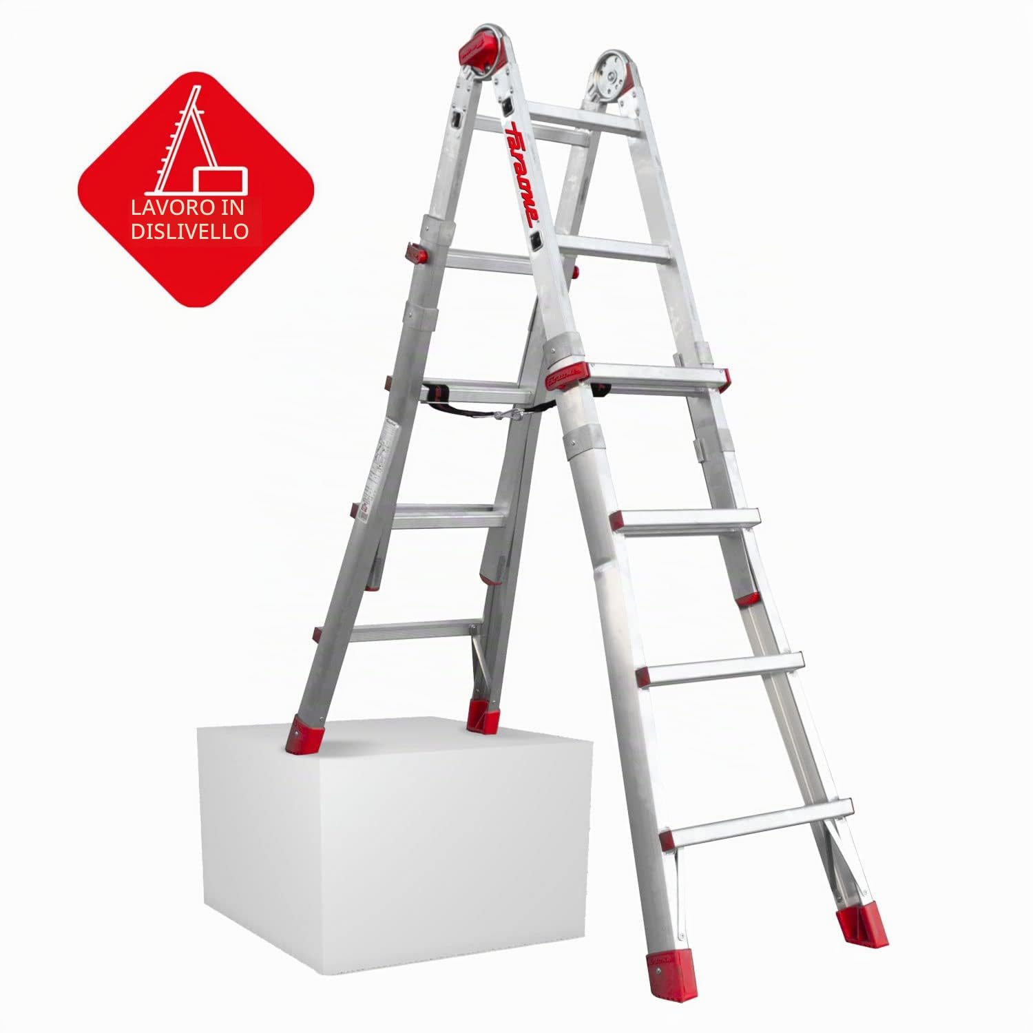 Faraone - TELES.T5, Scala telescopica in alluminio, 158 x 60 x 20 cm, 10 + 10 gradini, multiuso, altezza regolabile, molto resistente e stabile, stabilizzatori inclusi