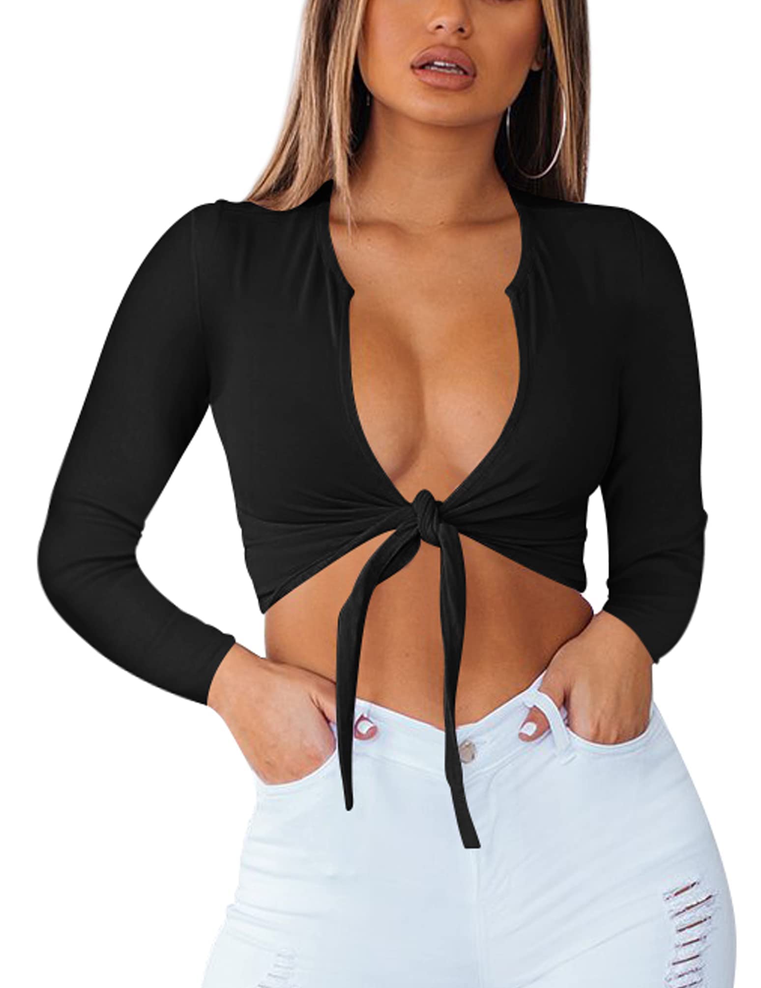 BORIFLORSWomen's Sexy Tie Up Crop Top Short Sleeve Deep V Neck Casual Basic T Shirt