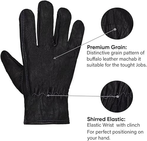 Miniatura 3 de Guantes de cuero de búfalo premium, guantes de trabajo sin forro (negro)