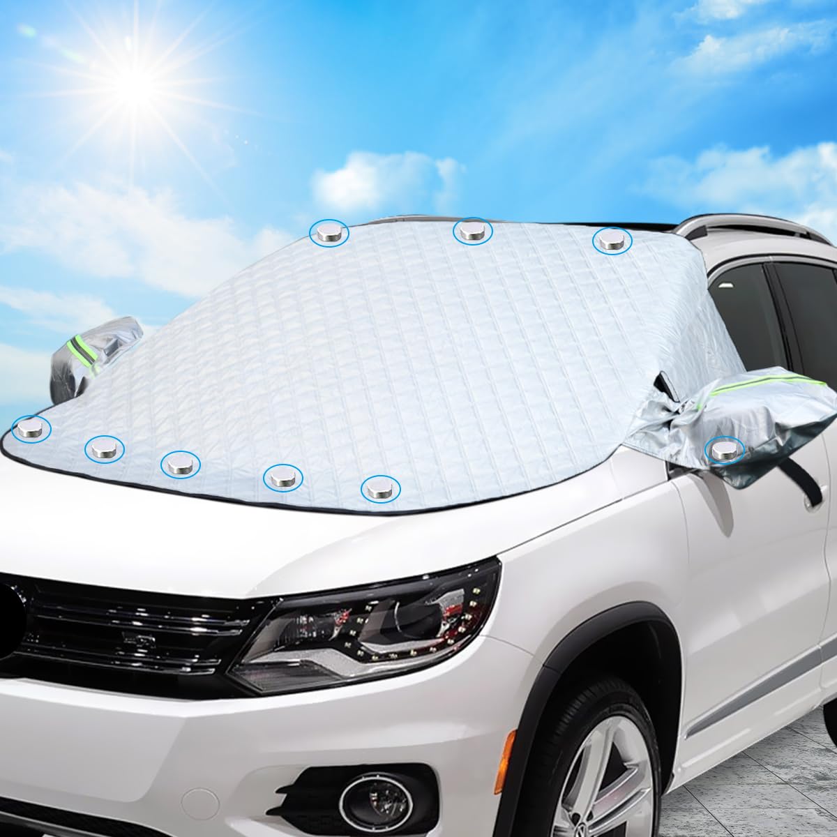 Couverture Pare Brise Voiture, Protection Couverture Repliable avec 10/12 aimants, Bâche Voiture Anti Neige Anti Glace UV Soleil Protéger Repliable Universelle pour Voiture SUV (220x155x128CM)