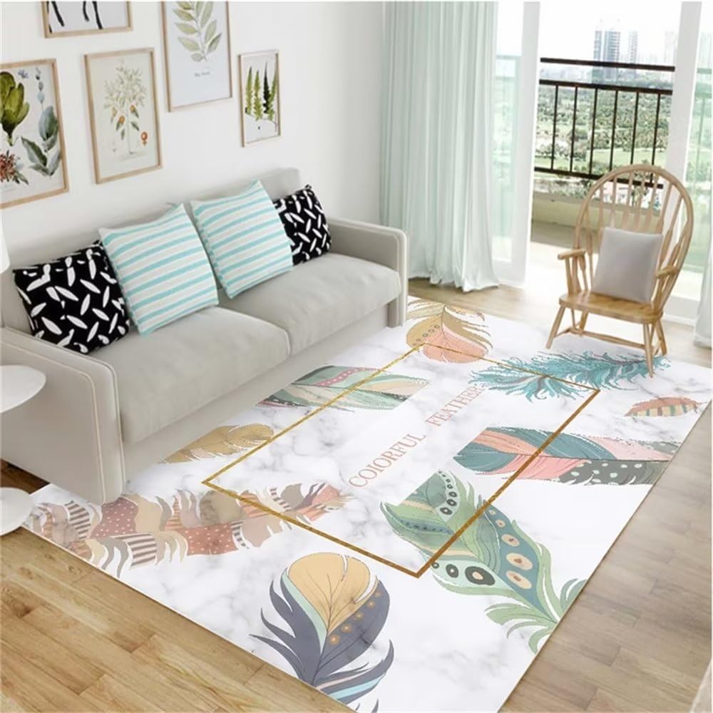 Tapis de sol salon chic effet marbre et plume vert pour decoration chambre ado élégante