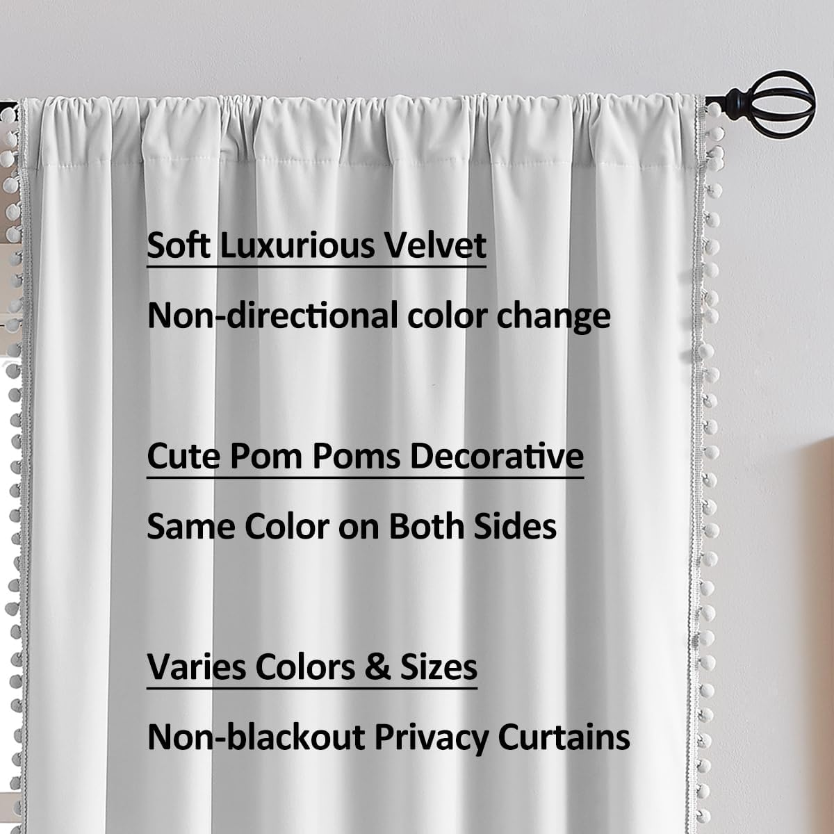 Pom Pom Grey Velvet Curtains for Living Room 63" Soft Nursery Window Panels image 3