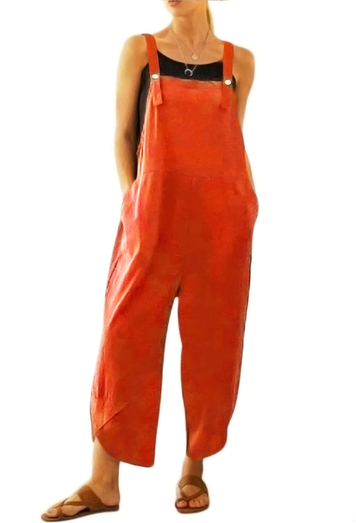 BRONG Womens Overalls Casual Loose Dungarees Soft Cotton Linen Womens Jumpsuit Baggy Playsuit Adjustable Straps with Pockets