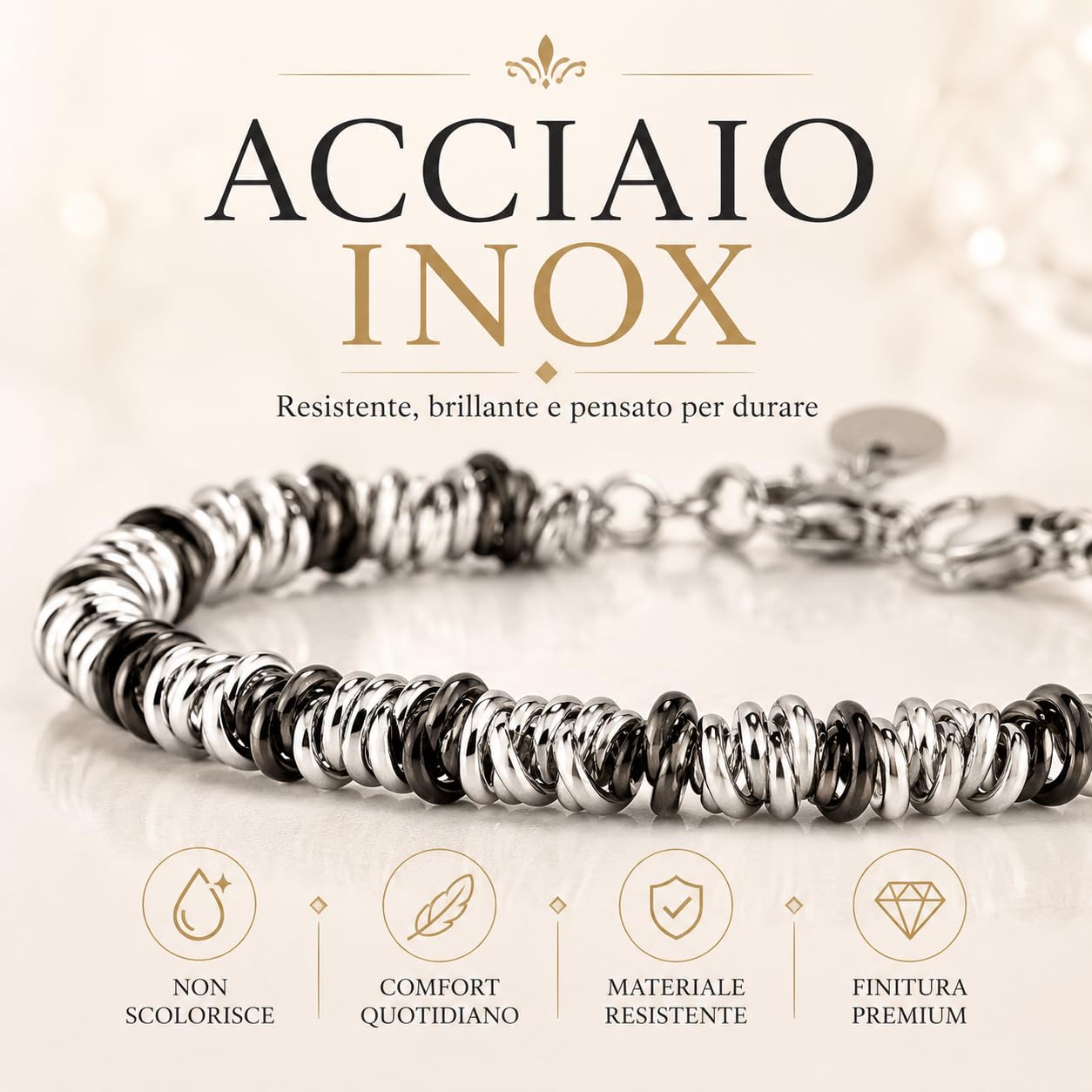 Bracciale Uomo Donna in Acciaio Inox Regolabile 17-21 cm, Made in Italy - Anellini Intrecciati Bicolore, Design Moderno e Unisex - Gioiello Resistente e Versatile, Regalo Elegante Fidanzata Fidanzato