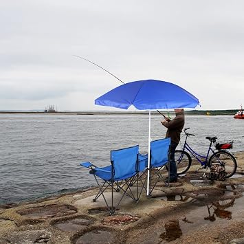 Folding Double Camping Chair w/Umbrella Beverage Holder Carrying Bag Cooler Fold Up Table, Portable Beach Chair for Camping, Picnic, Fishing, Beach (Blue)