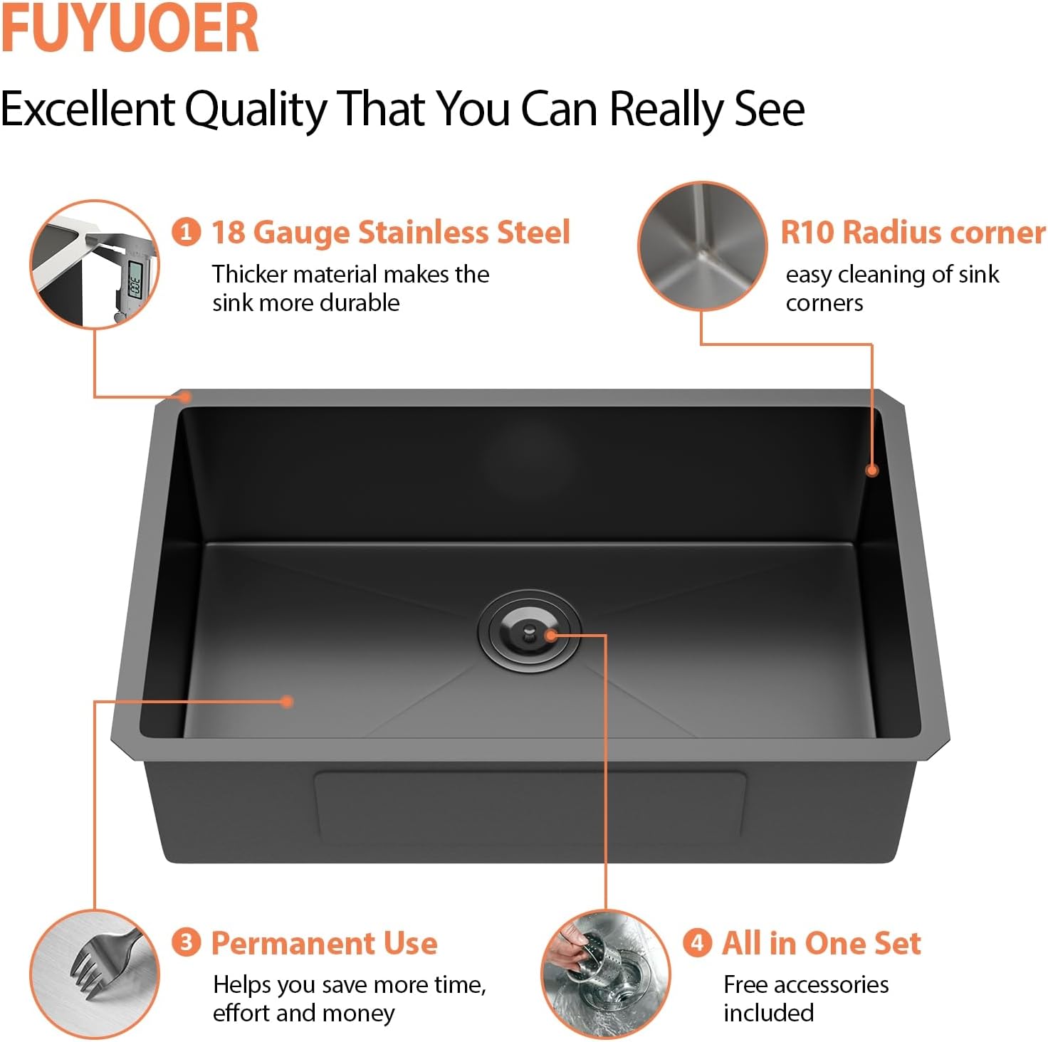 30 Inch Undermount Kitchen Sink Black 18 Gauge Stainless Steel Under Counter Sink Single Bowl Deep Handmade Single Bowl Kitchen Sink,30"x18"x9"