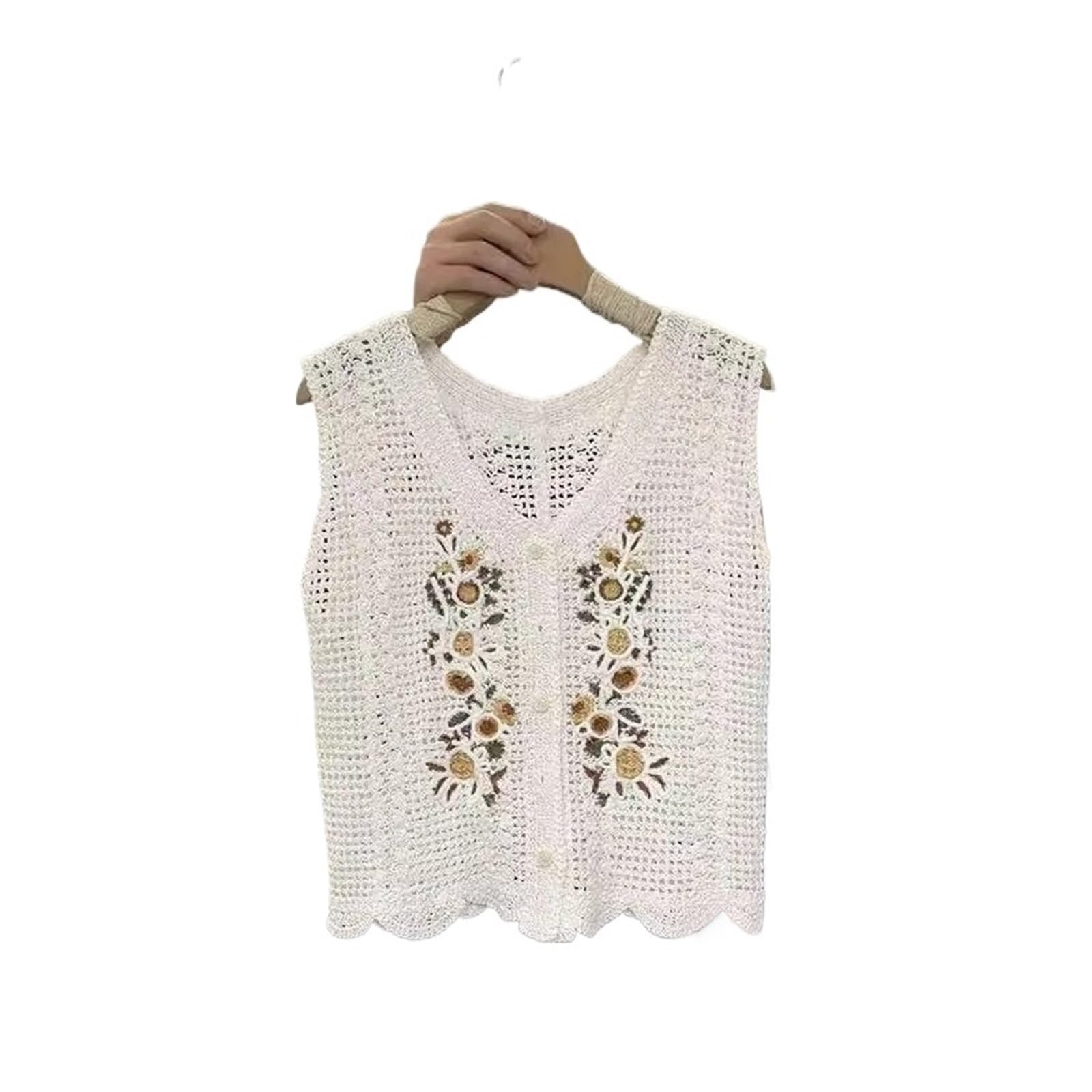 Débardeur en Coton à col V et Broderie Creuse Fleurs accrochées