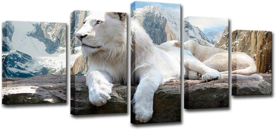 5 Piece Canvas Wall Art White Lion Home Animal Decoration Painting-Frameless 40X60_40X80_40X100Cm