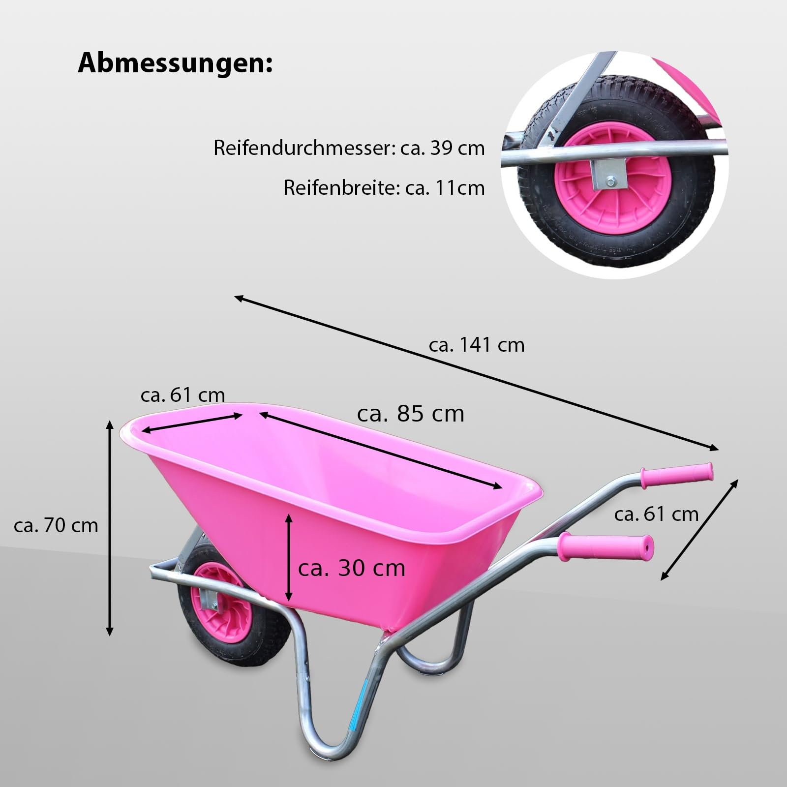 TRUTZHOLM Pinke Schubkarre 100 Liter | 250 kg mit Kunststoffmulde | rostfrei | verstärkt | stabil