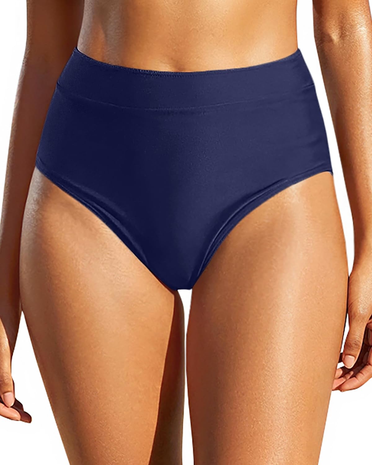 Women Bathing Suit Bottoms - High Waisted Bikini Bottoms Full Coverage Tummy Control Swim Bottom, Navy Blue 1, Small-image-0