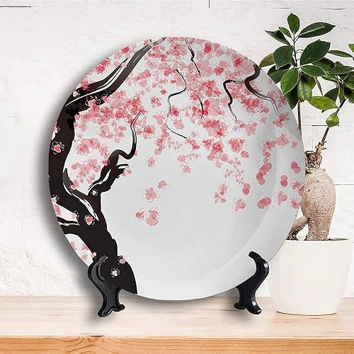 Miniatura 3 de Platos decorativos, adorno con estampado floral, flor de cerezo japonés en pintura de acuarela, 6 pulgadas, 1 plato con 1 soporte de exhibición,