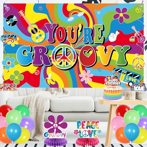 Image of Crenics 60s Theme Party Decorations - Retro Groovy Backdrop, Banner, Hanging Swirls, Centerpieces, Photo Props, Balloons and Cake Topper for 1960s Hippie Birthday Party Supplies