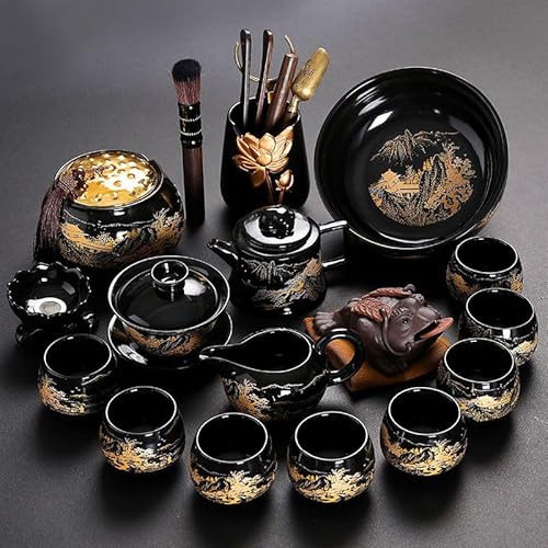 【16点セット】高級茶器セット 金銀山水図 茶道具 陶磁器 黒釉急須&蓋碗 茶海 茶杯 建水 茶葉罐 六君子 茶席置物 ギフト 母の日 敬老の日 (福猪壺セット)