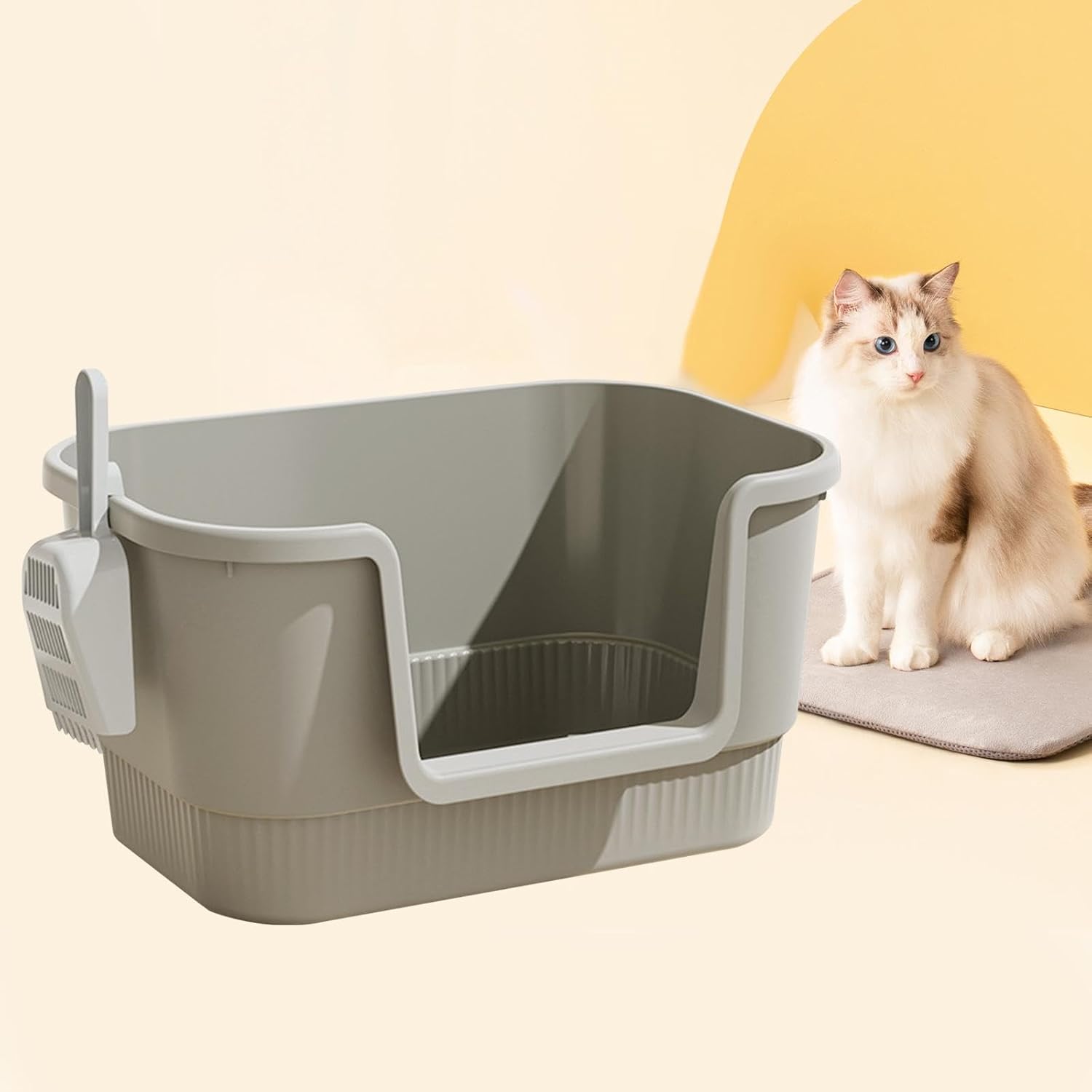MEISO Toilette per Gatti con Vassoio e Paletta, Lettiera Aperta con Lati Alti per Tutti i Tipi di Gatto (Grigio)