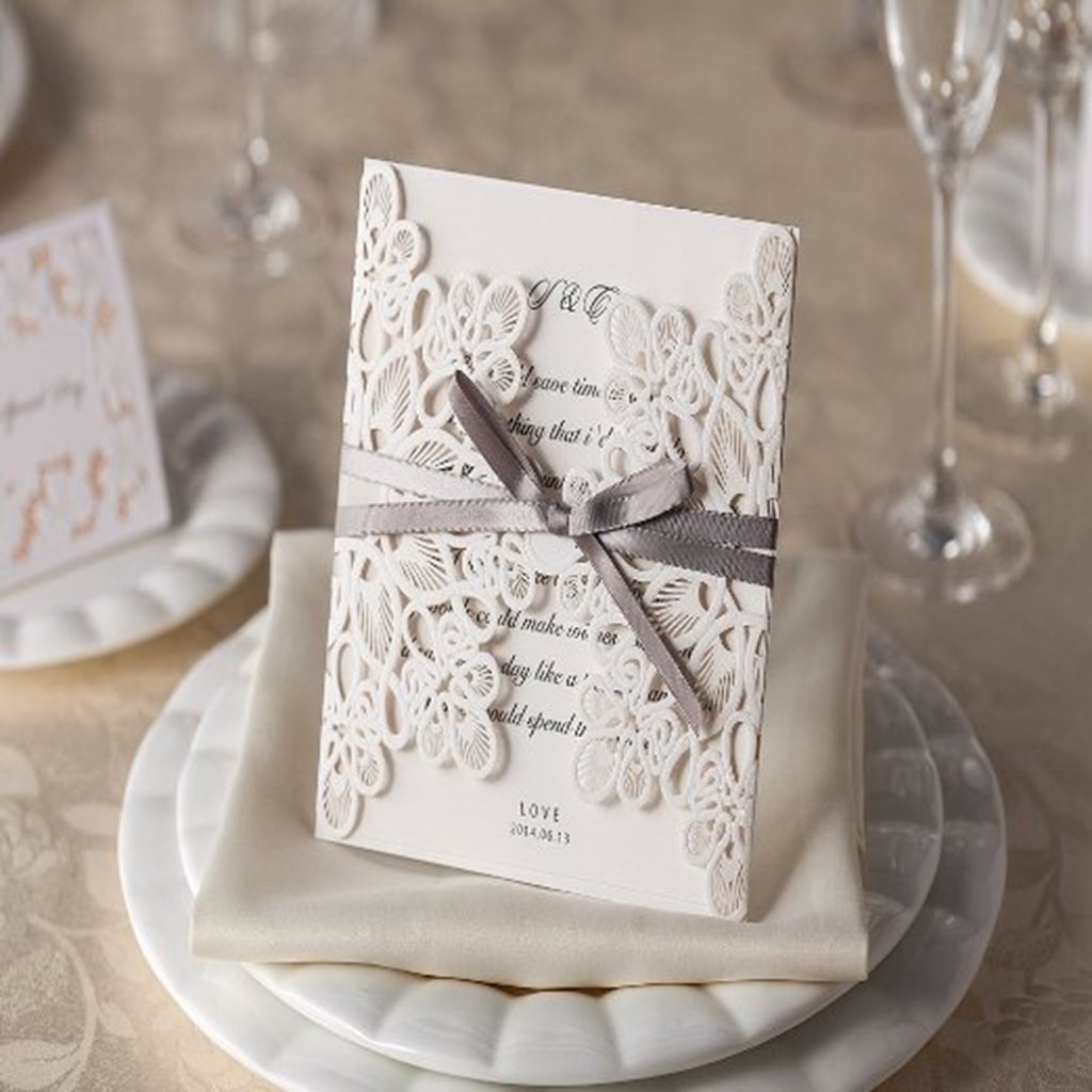 6.3 x 6.3 Inch 50PCS Silver Glitter Wedding invitation Cards with Envelopes Laser Cut Lace Floral invitations Card for Engagement Wedding Anniversary Invite (Silver Glitter)