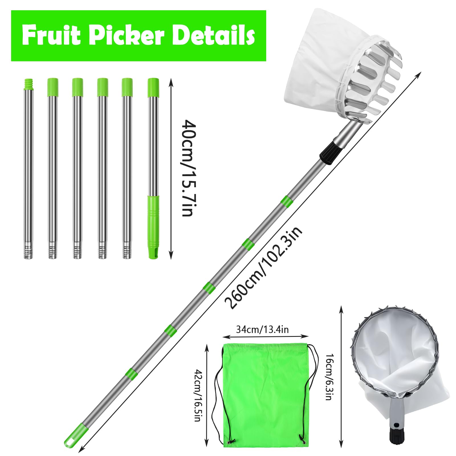 Raccogli frutta, 2,6 m, raccogli mele, aiuto per la raccolta di frutta, diametro 16 cm, manico telescopico in acciaio inox, lunghezza regolabile, facile da montare, adatto per raccogliere